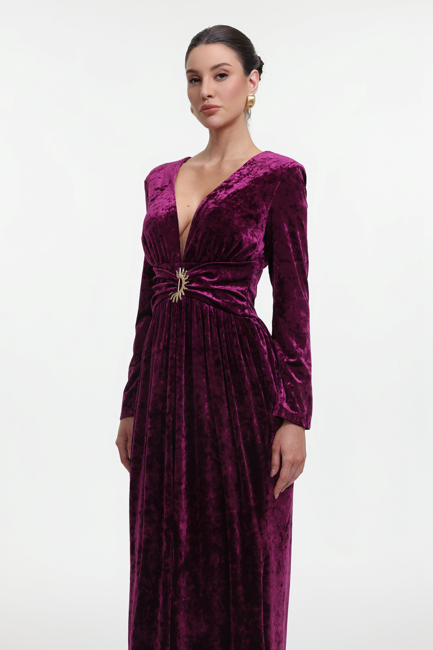 Ikara Chic Contour Long Sleeve V Neck Velvet Maxi Dress