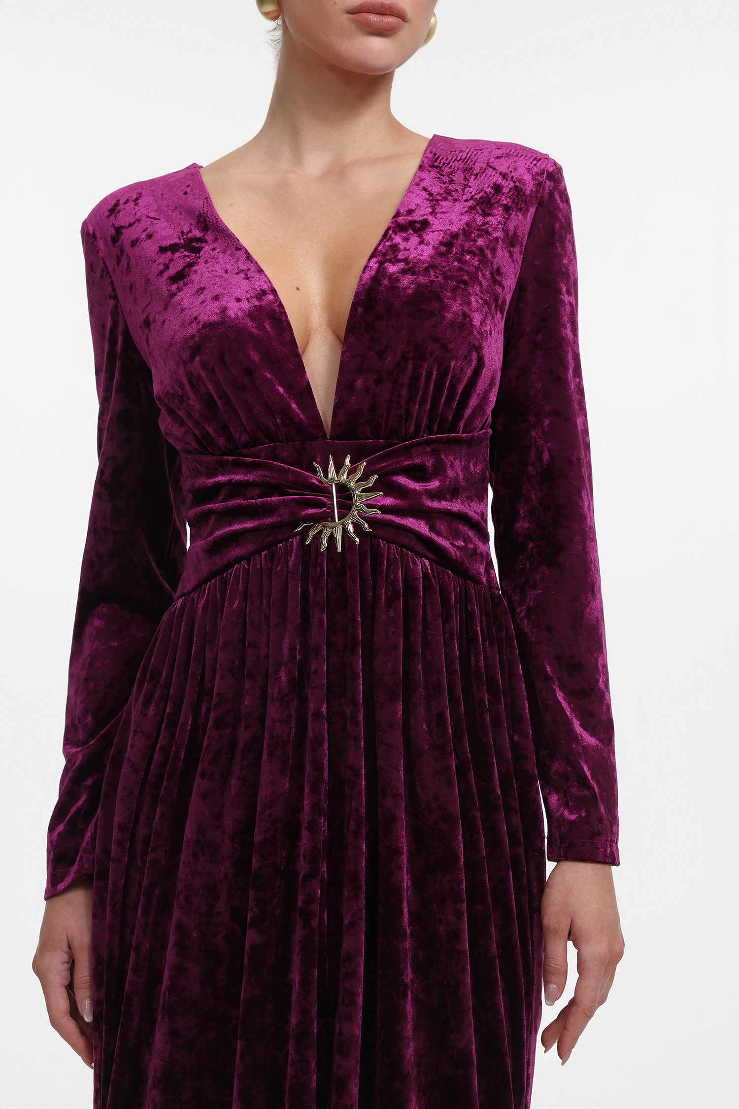 Ikara Chic Contour Long Sleeve V Neck Velvet Maxi Dress