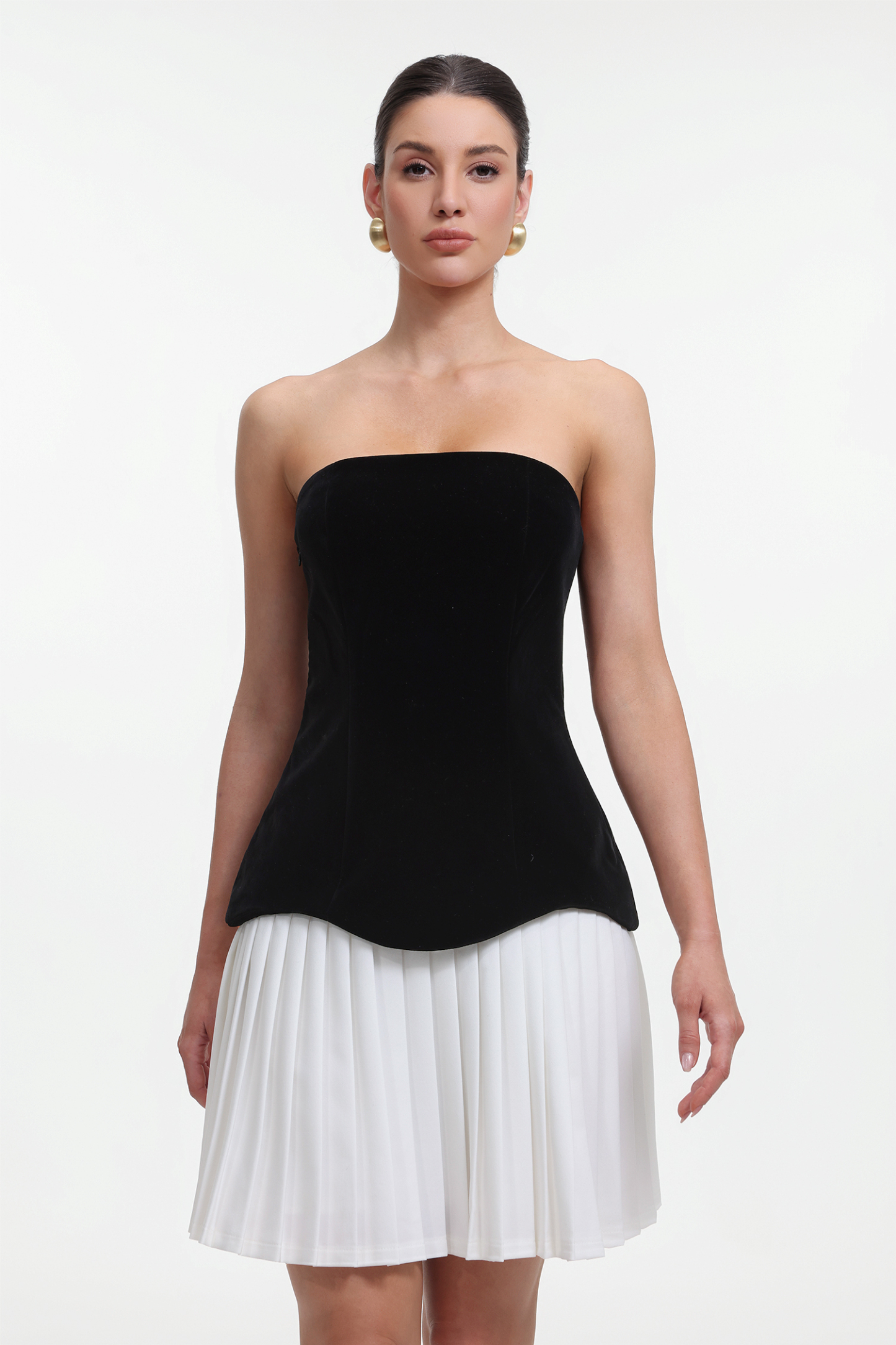 Ursula Chic Tailored Strapless Contrast Pleated Mini Dress