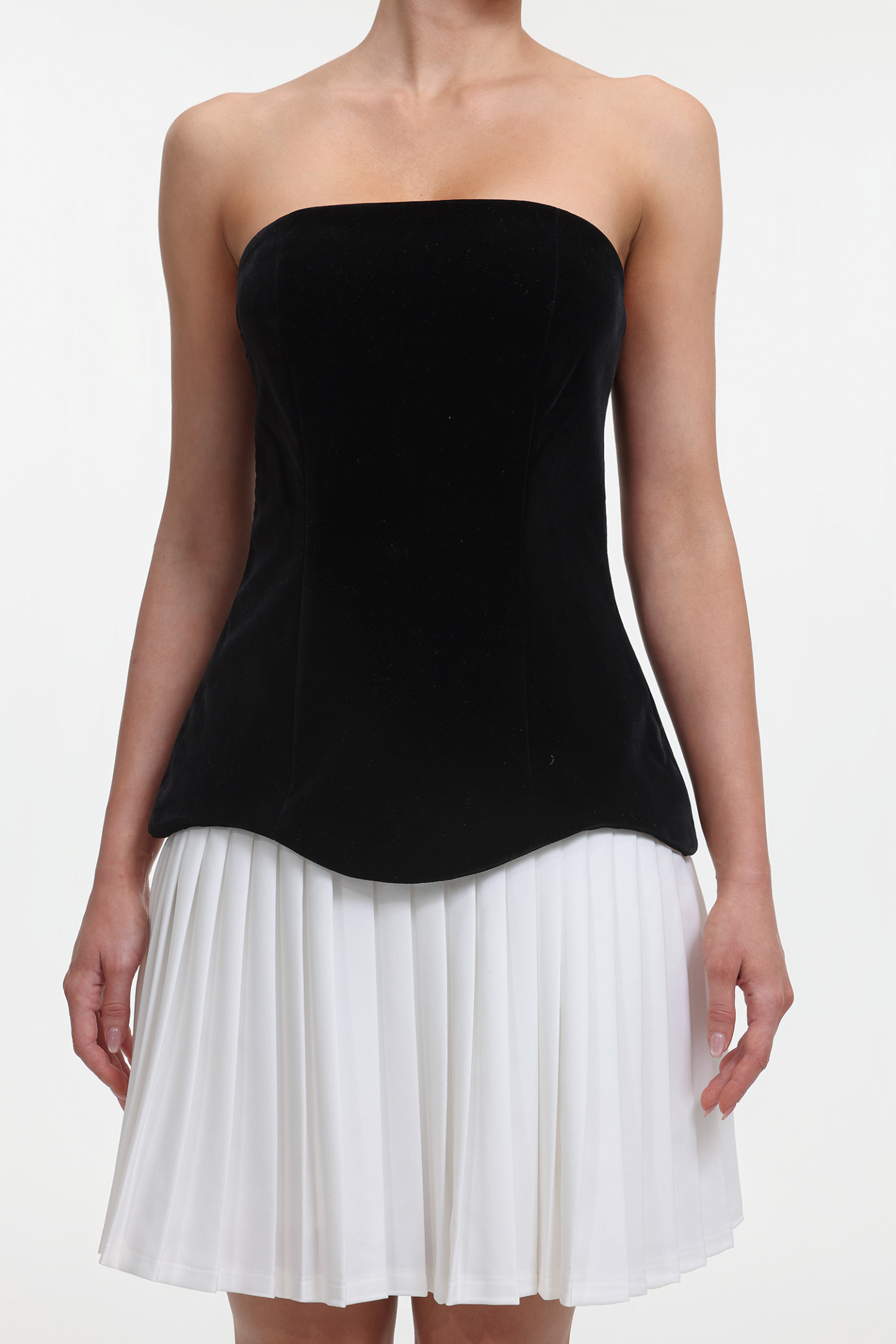 Ursula Chic Tailored Strapless Contrast Pleated Mini Dress