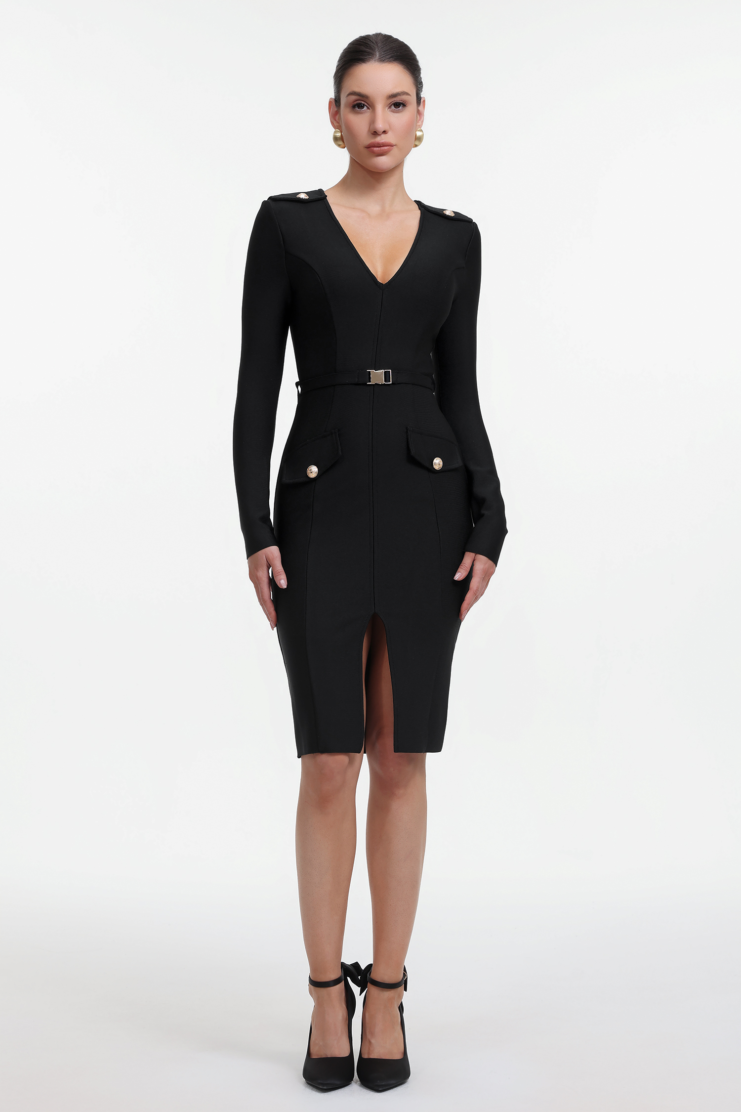 Rora Chic Contour Long Sleeve Bandage Midi Dress