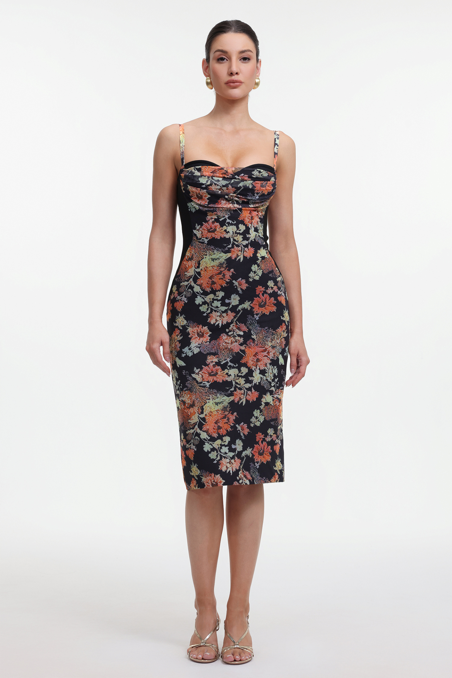 Tzeitel Romantic Contour Sleeveless Floral Print Bandage Midi Dress