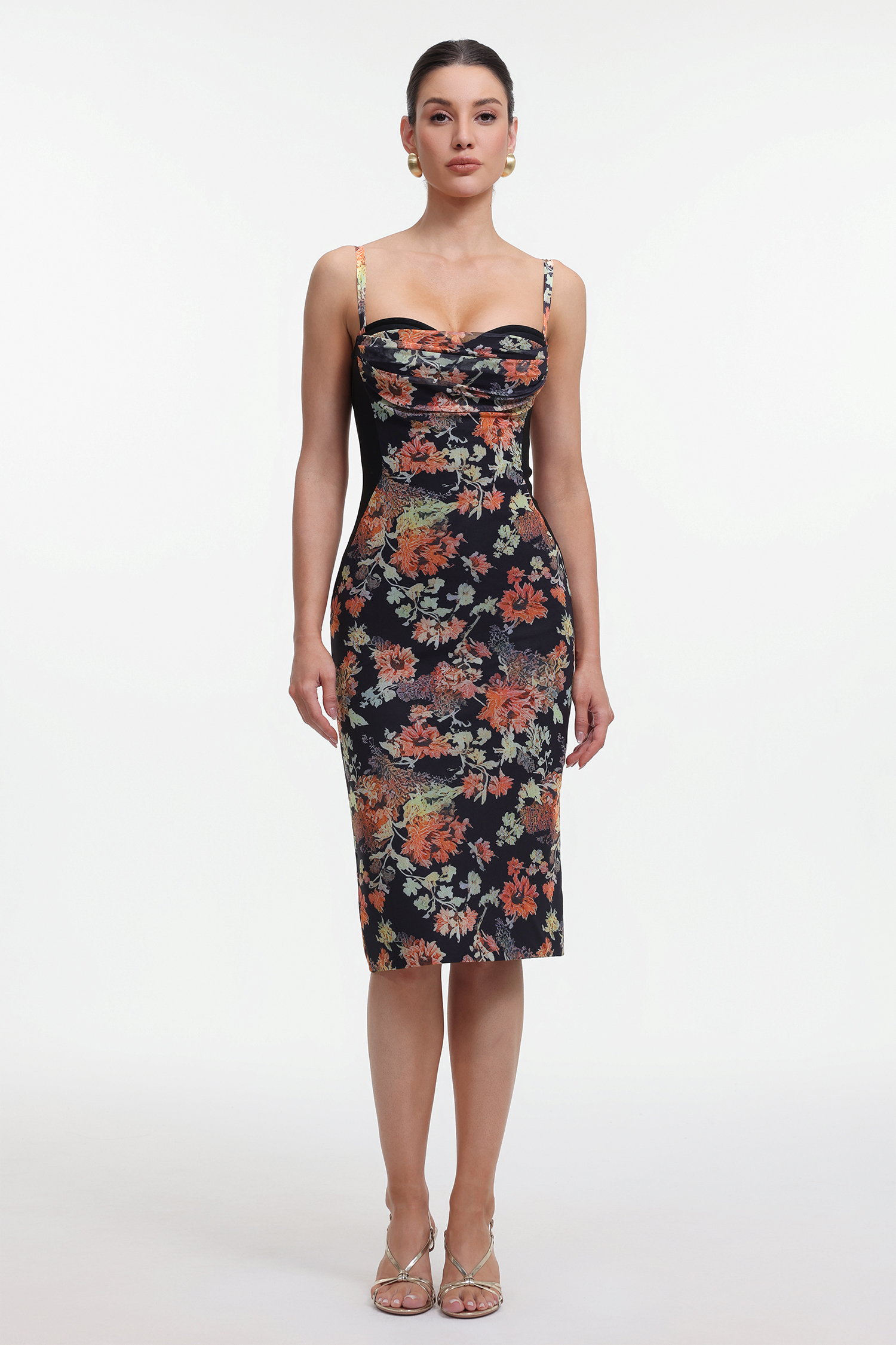 Tzeitel Romantic Contour Sleeveless Floral Print Bandage Midi Dress