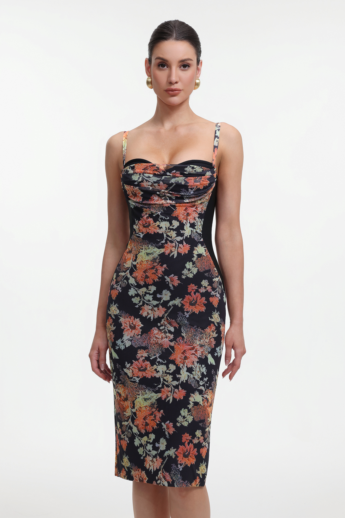Tzeitel Romantic Contour Sleeveless Floral Print Bandage Midi Dress
