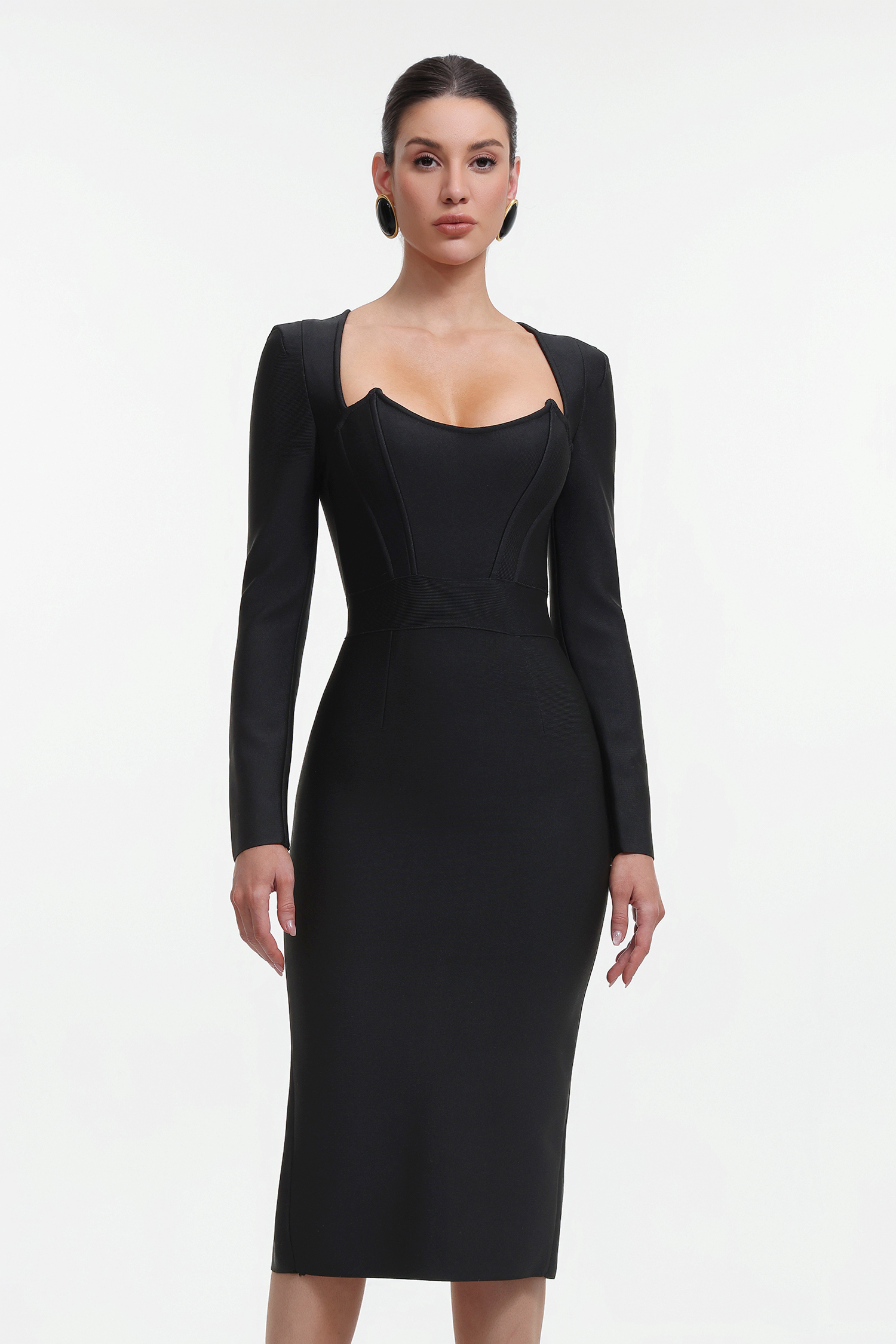 Morgan Classic Contour Long Sleeve Bandage Black Maxi Dress