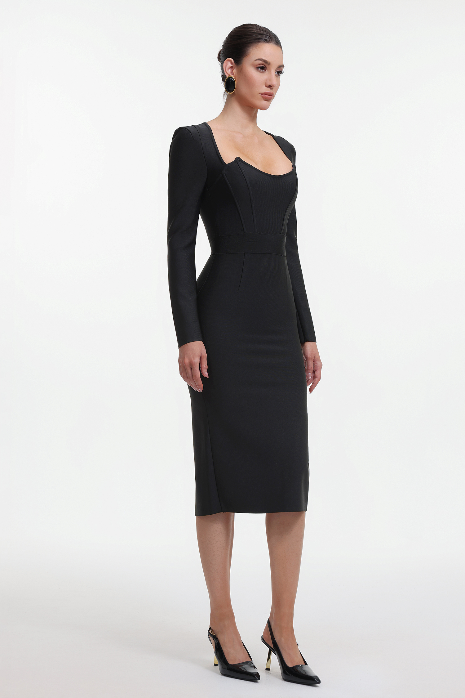 Morgan Classic Contour Long Sleeve Bandage Black Maxi Dress