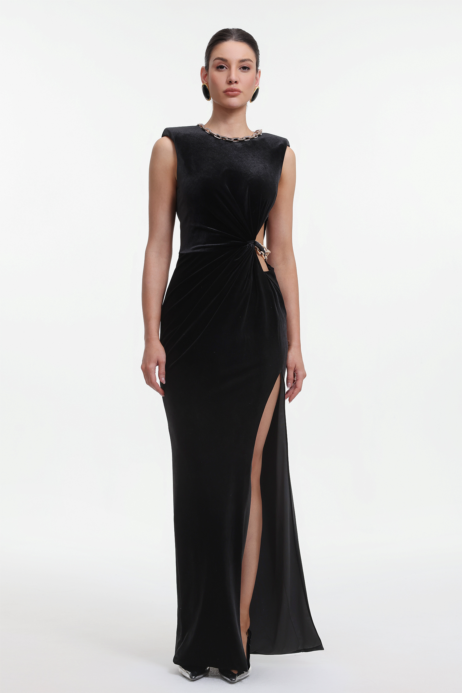 Trinvilla Chic Contour Sleeveless Cut Out Metal Chain Velvet Maxi Dress