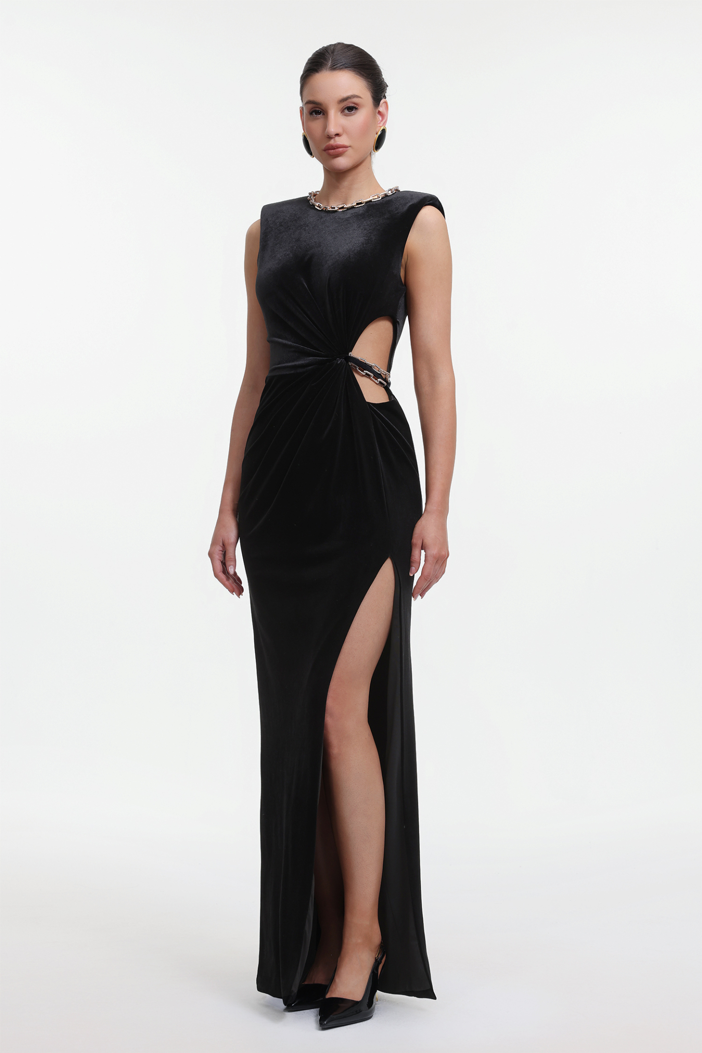 Trinvilla Chic Contour Sleeveless Cut Out Metal Chain Velvet Maxi Dress