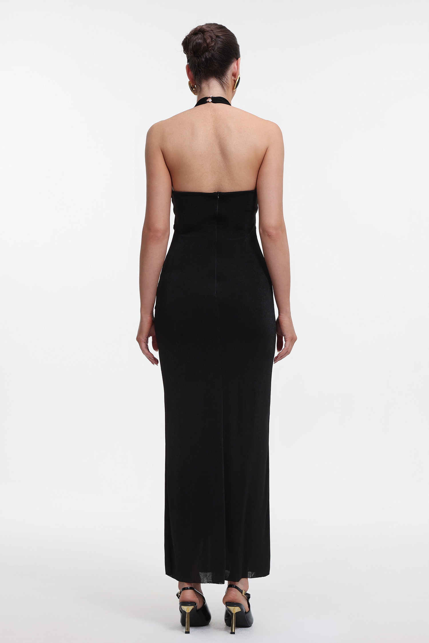 Lydda Elegant Contour Halter Ruched Knit Maxi Dress