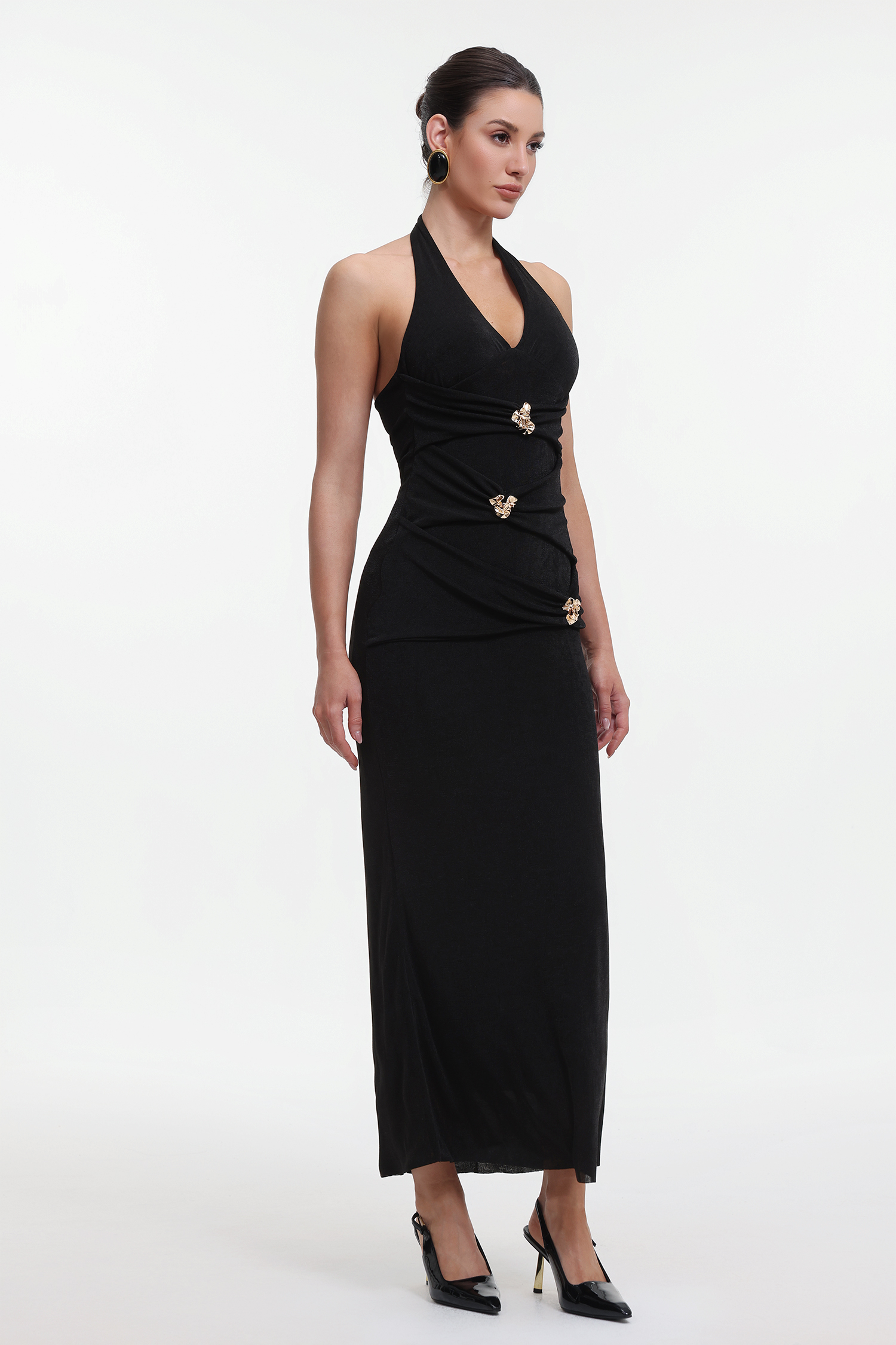 Lydda Elegant Contour Halter Ruched Knit Maxi Dress