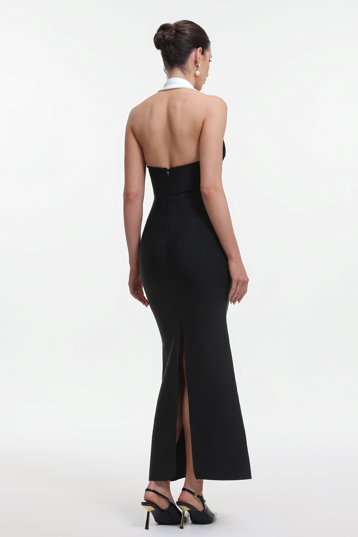 Elegant Contour Halter Contrast Bandage Maxi Dress