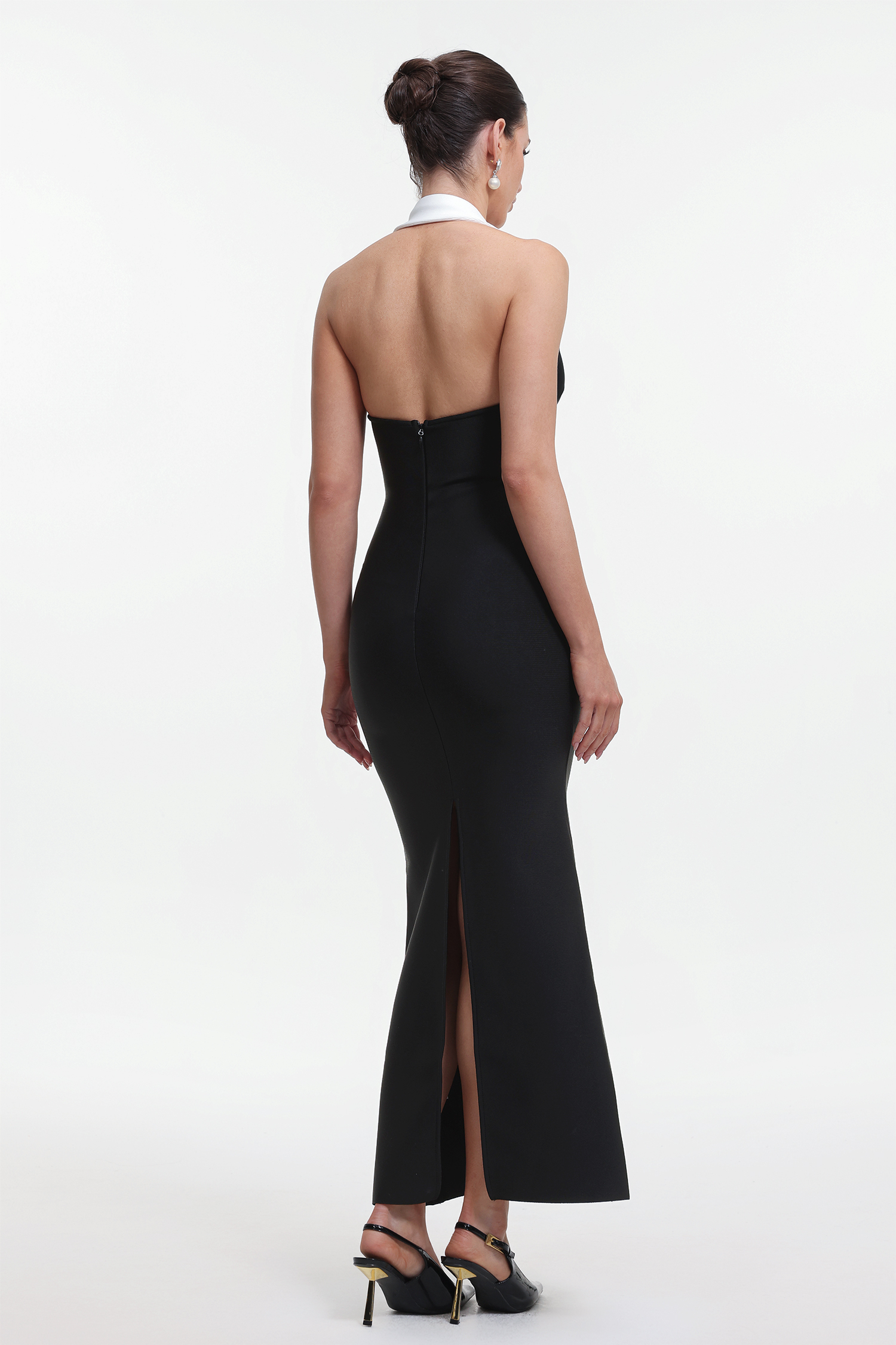 Elegant Contour Halter Contrast Bandage Maxi Dress