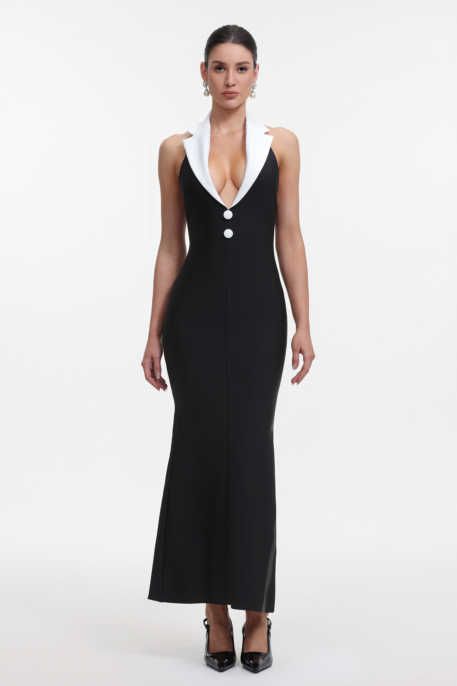 Elegant Contour Halter Contrast Bandage Maxi Dress