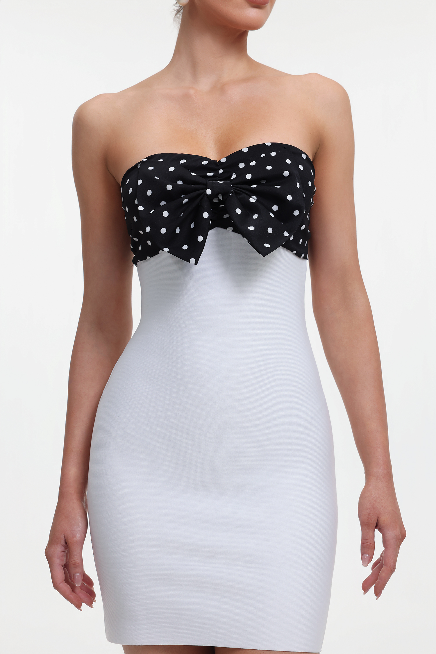 Vandra Romantic Contour Sleeveless Polka Dot Contrast Bandage Mini Dress