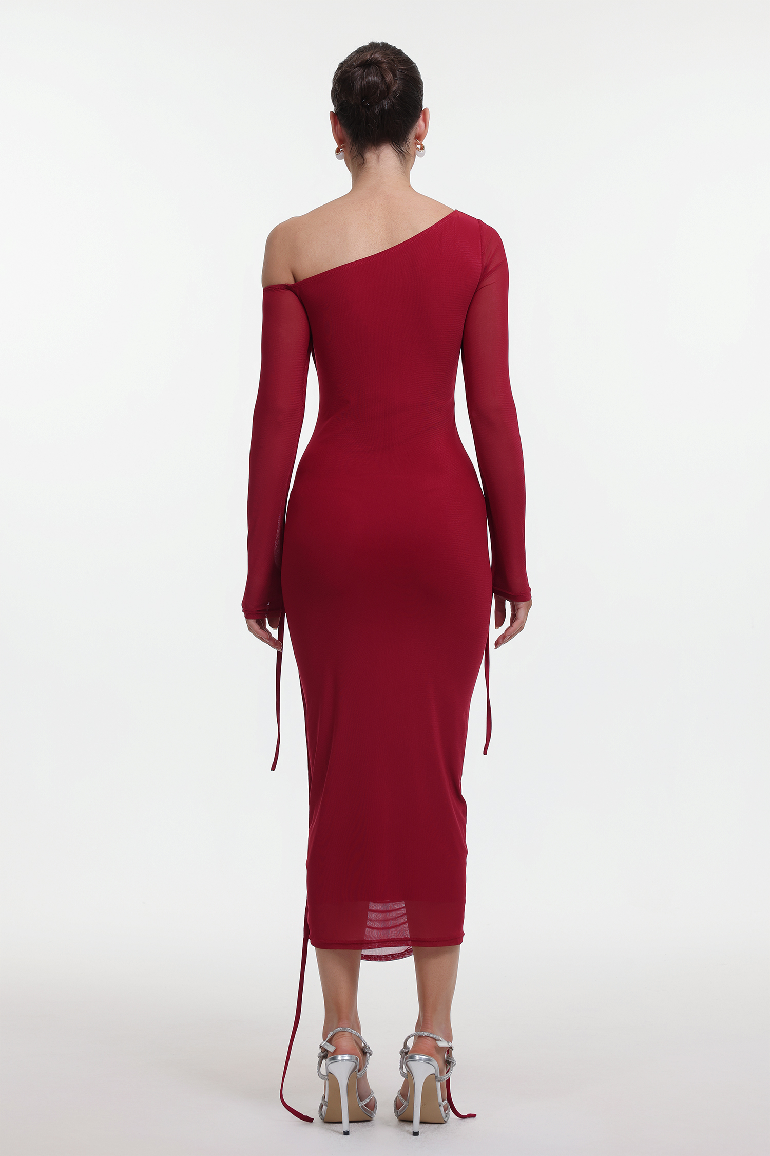 Zambezi One Shoulder Long Sleeve Mesh Red Maxi Dress