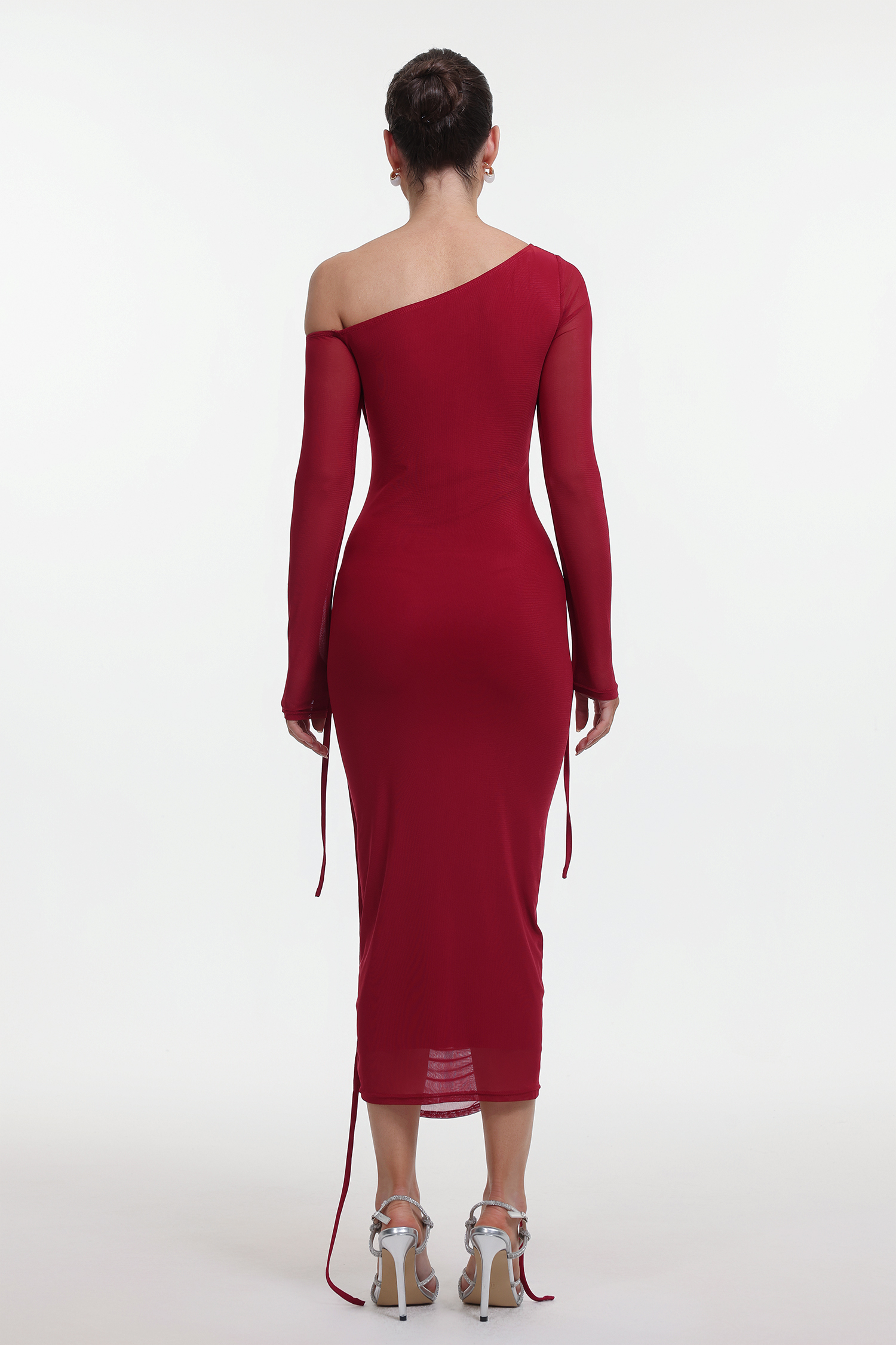 Zambezi One Shoulder Long Sleeve Mesh Red Maxi Dress