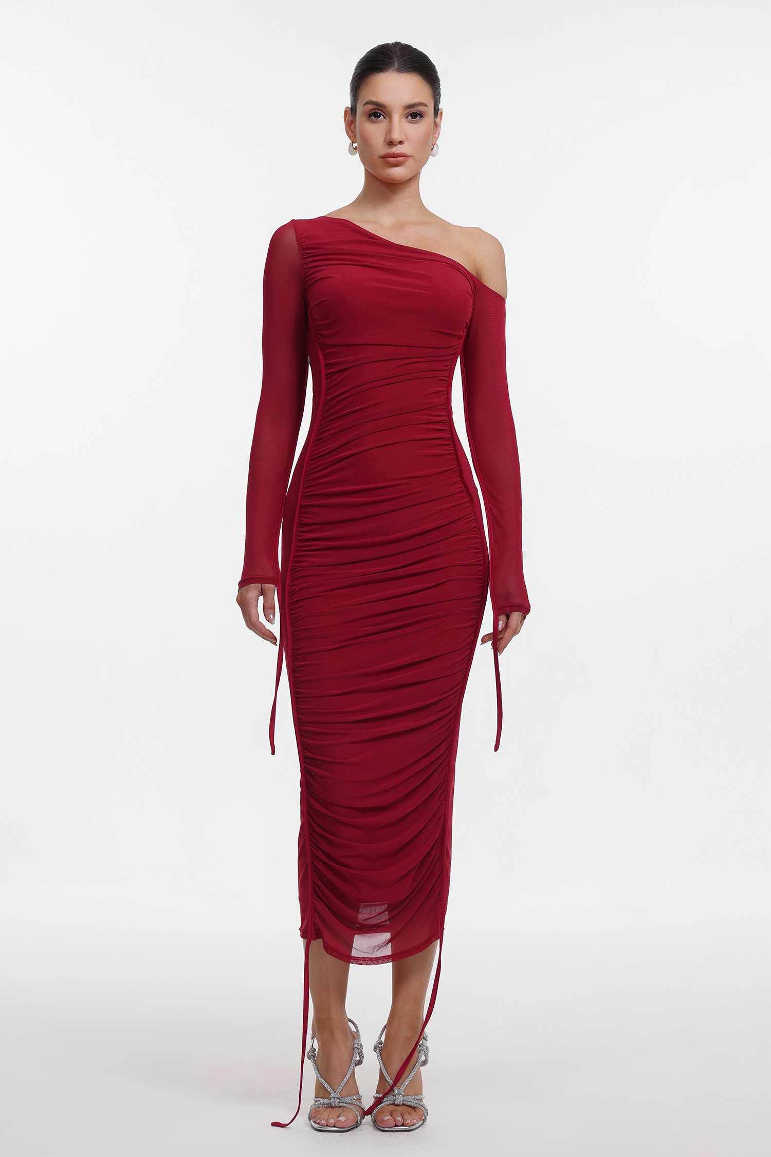 Zambezi One Shoulder Long Sleeve Mesh Red Maxi Dress