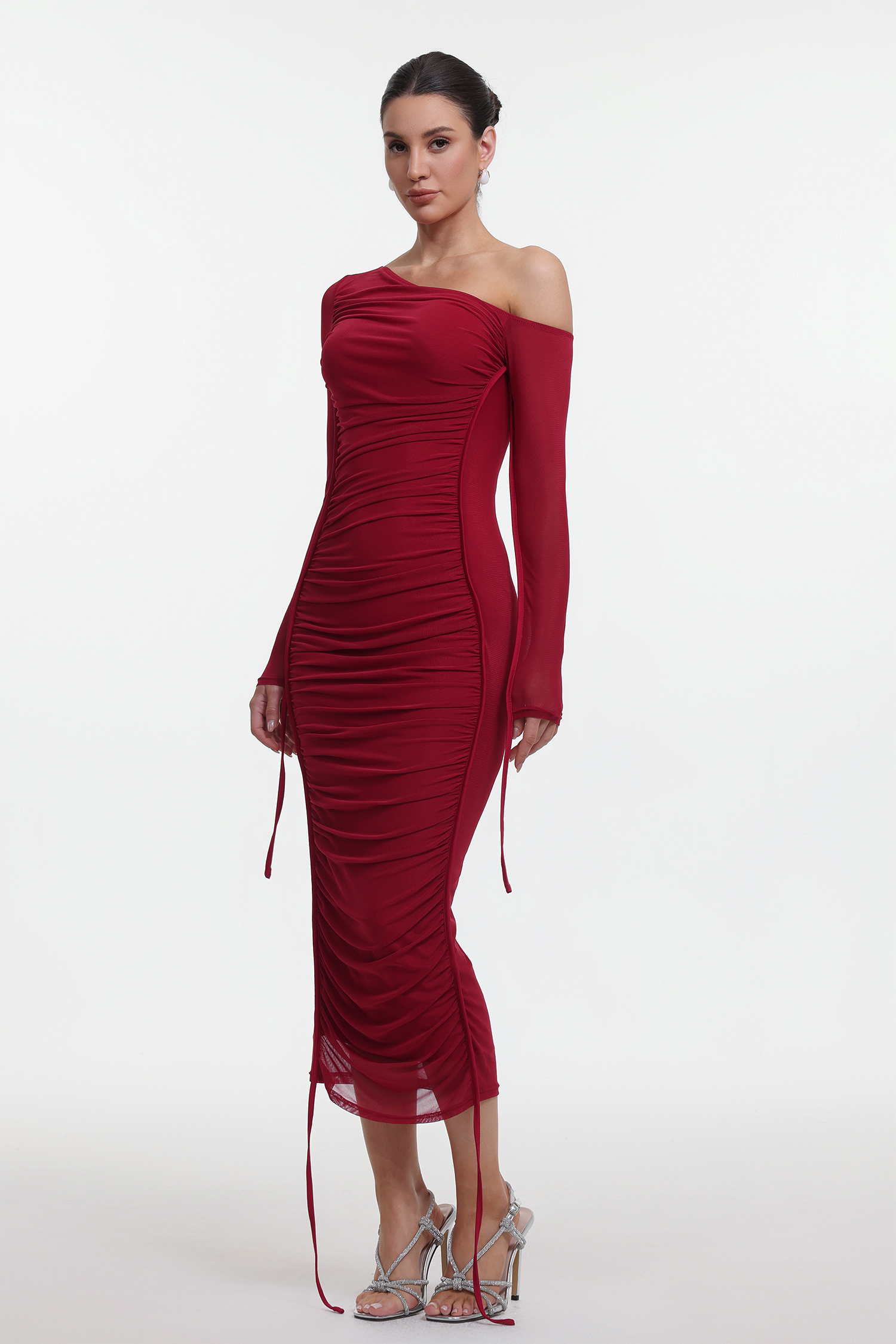 Zambezi One Shoulder Long Sleeve Mesh Red Maxi Dress