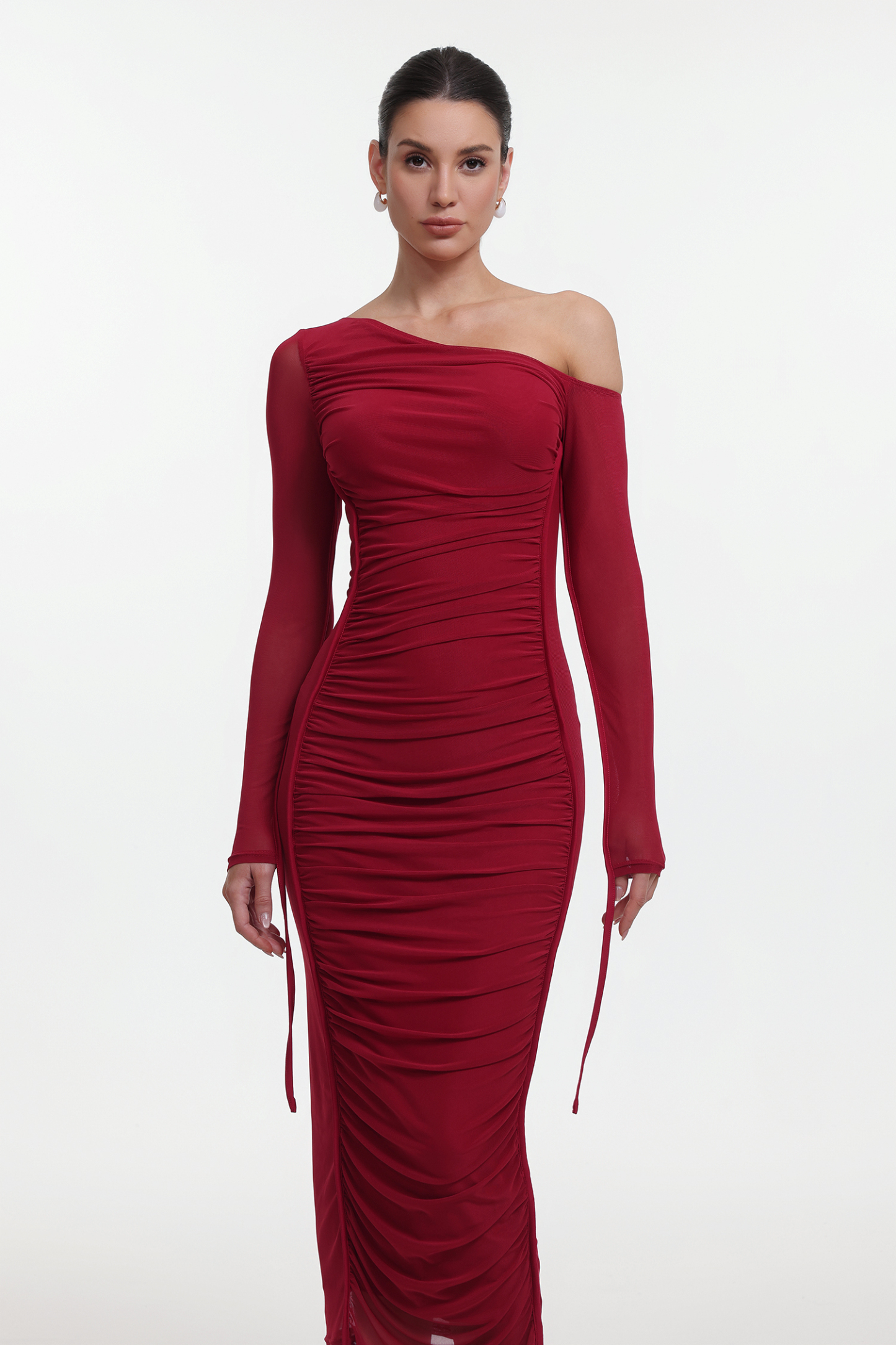 Zambezi One Shoulder Long Sleeve Mesh Red Maxi Dress