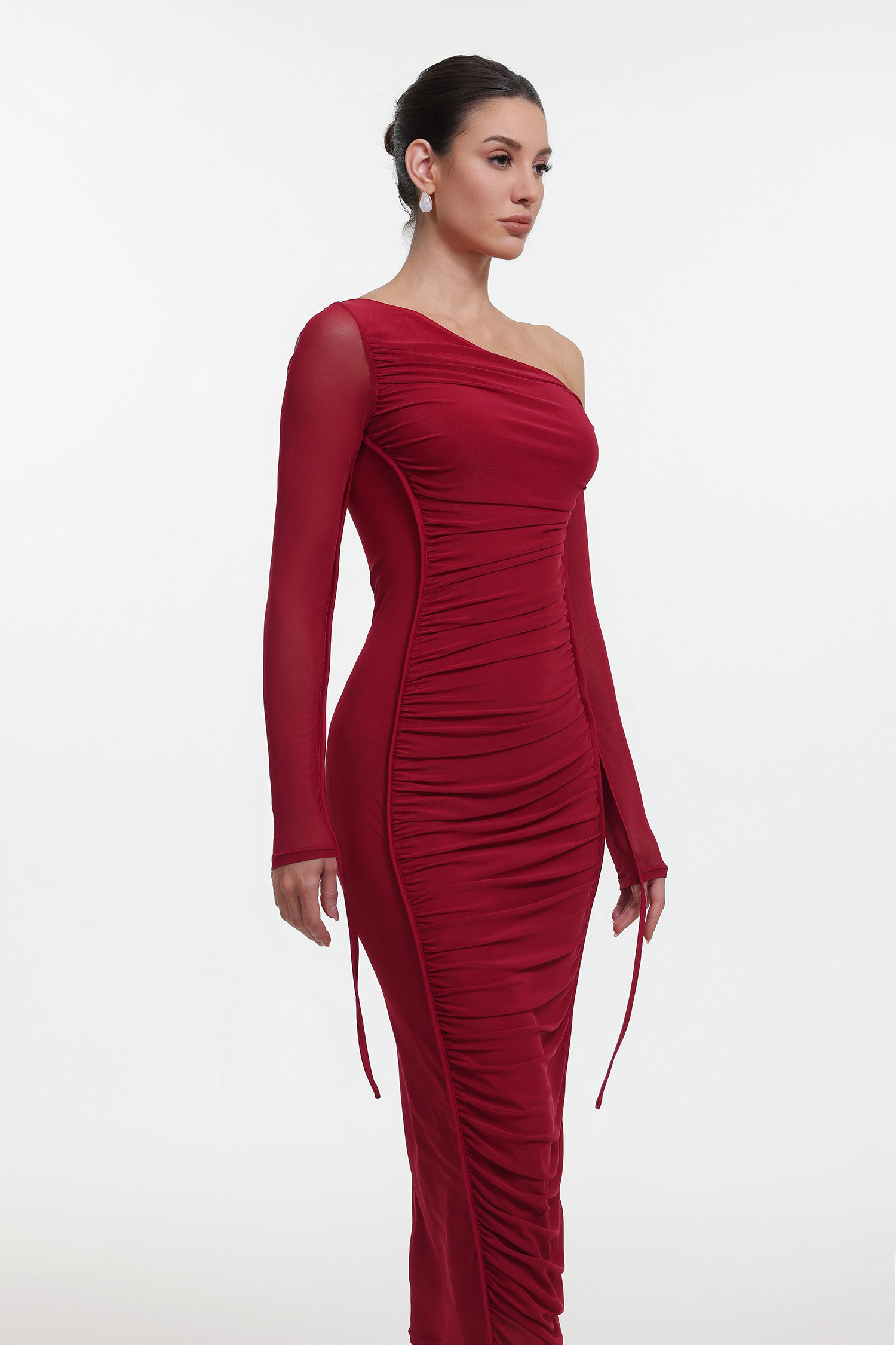 Zambezi One Shoulder Long Sleeve Mesh Red Maxi Dress