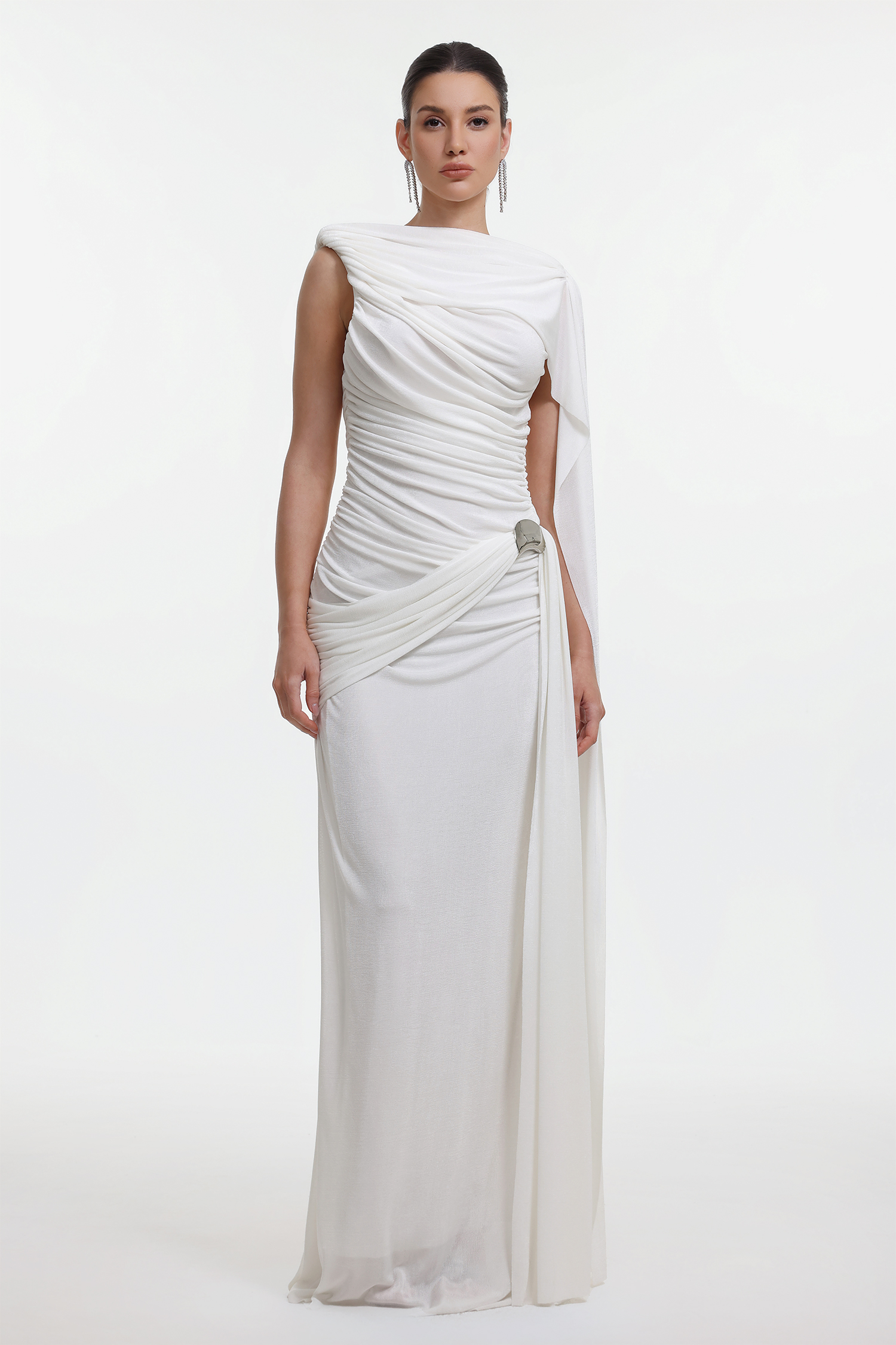 Yahir Elegant Contour Sleeveless Ruched Knit White Maxi Dress