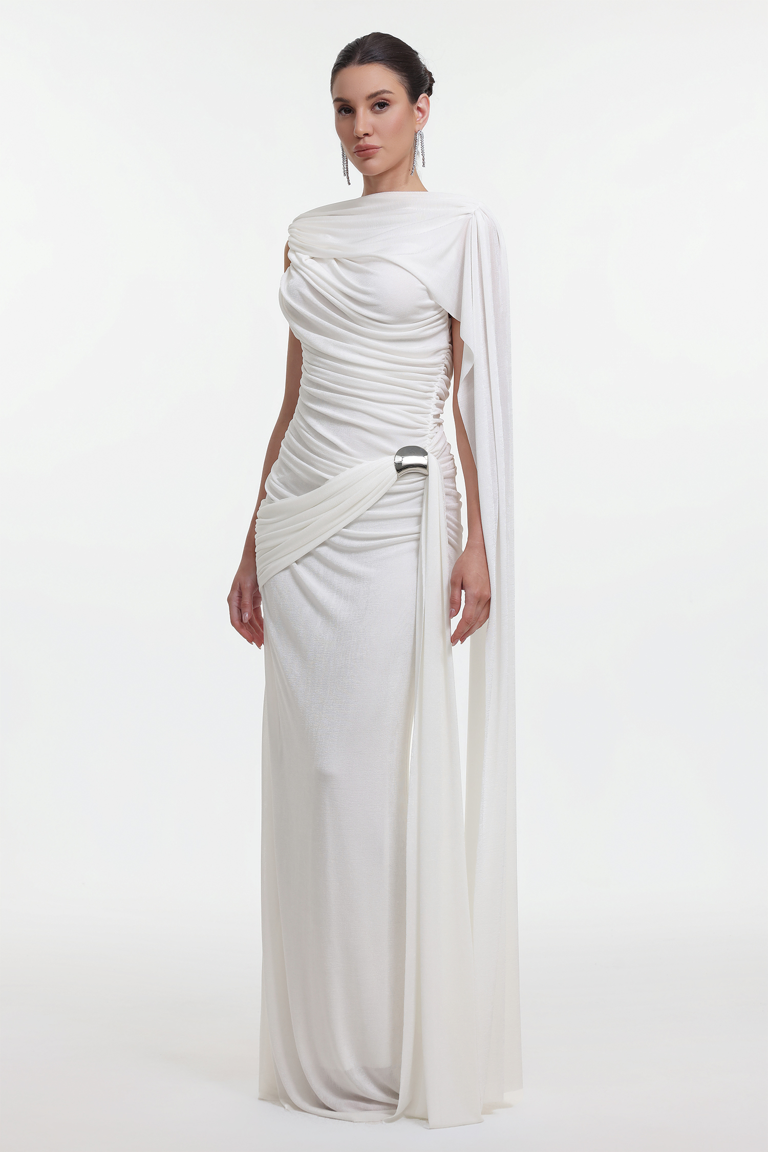 Yahir Elegant Contour Sleeveless Ruched Knit White Maxi Dress