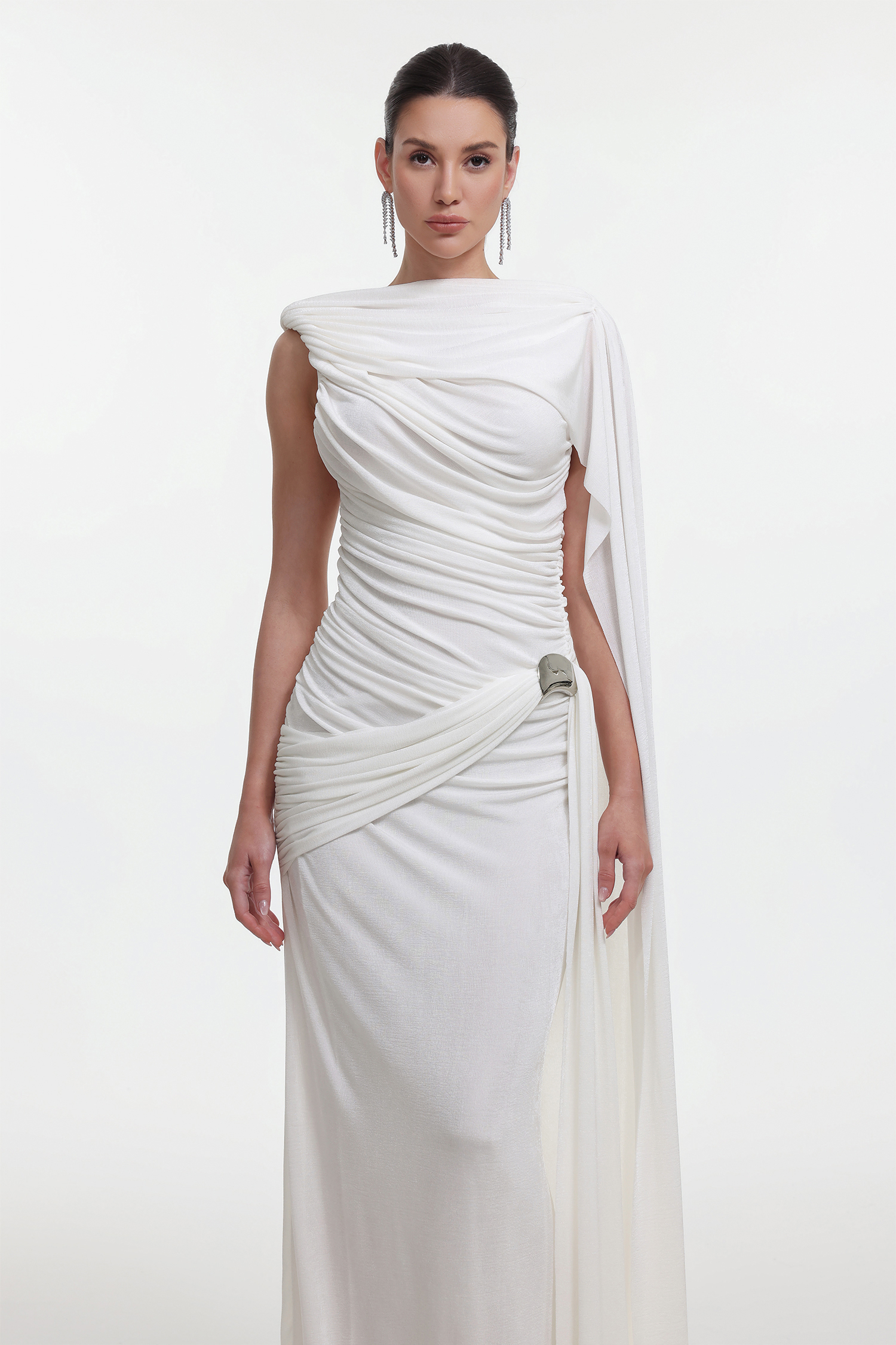 Yahir Elegant Contour Sleeveless Ruched Knit White Maxi Dress