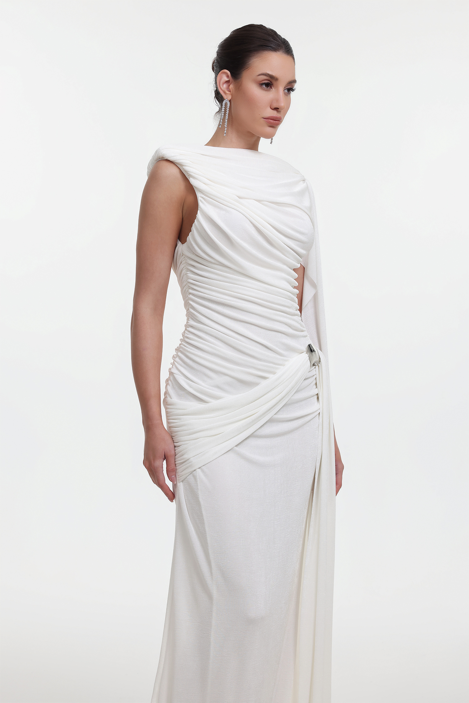 Yahir Elegant Contour Sleeveless Ruched Knit White Maxi Dress