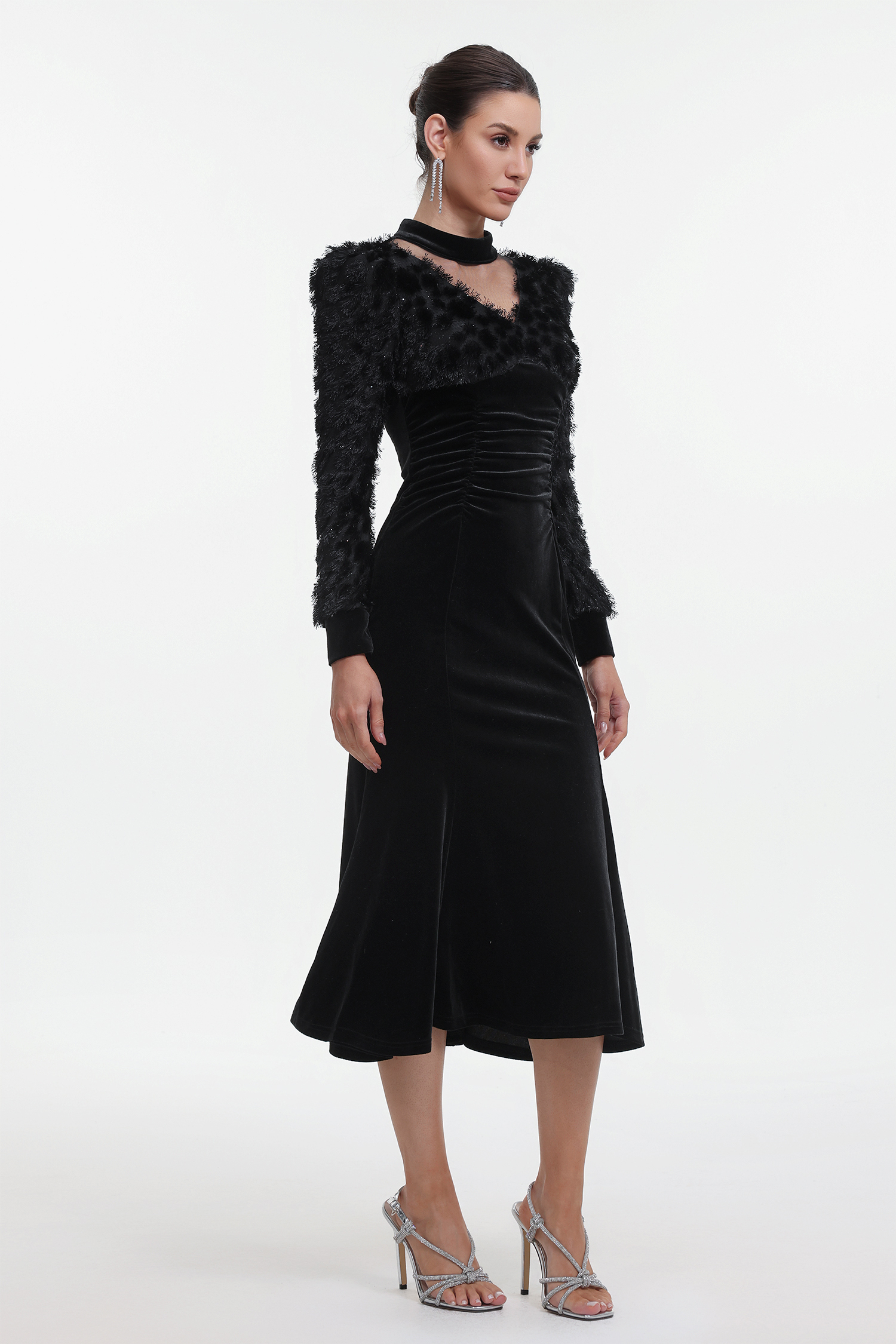 Jayden Chic Contour Long Sleeve V Neck Velvet Maxi Dress