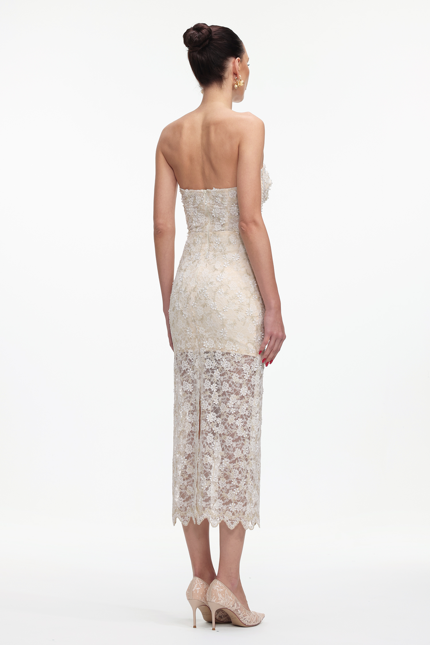 Ralaya Elegant Tailored Strapless Pearl Floral Lace Maxi Dress