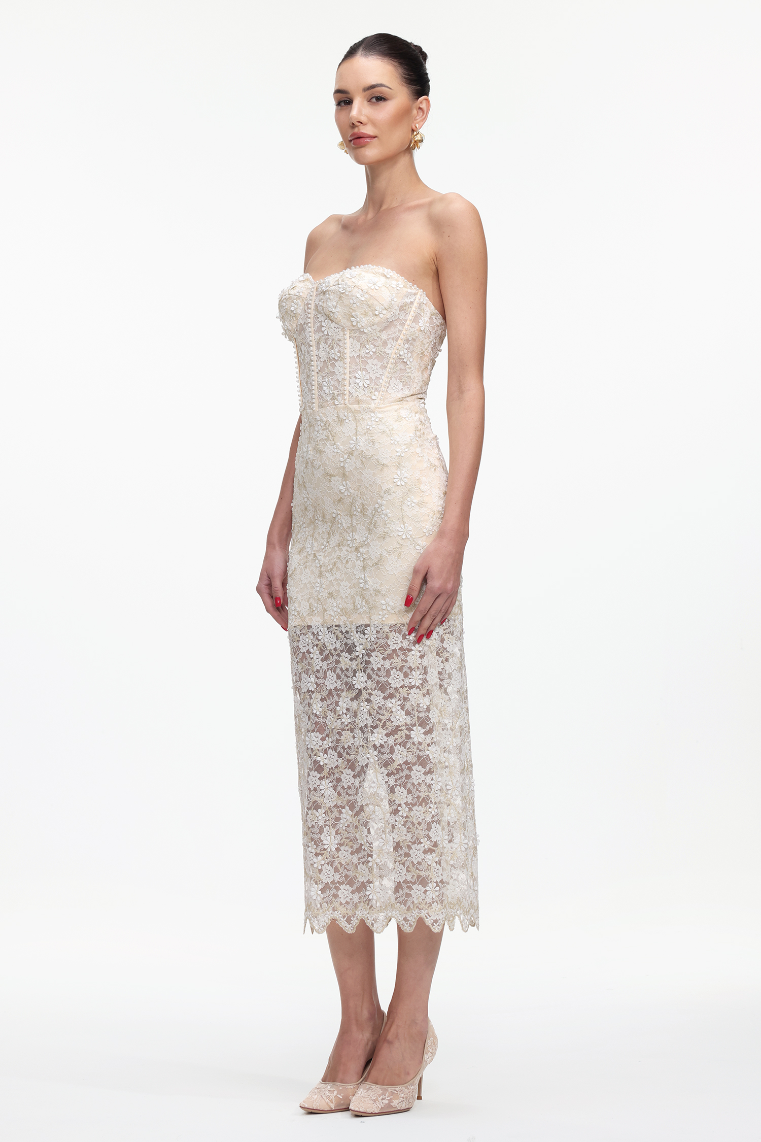Ralaya Elegant Tailored Strapless Pearl Floral Lace Maxi Dress