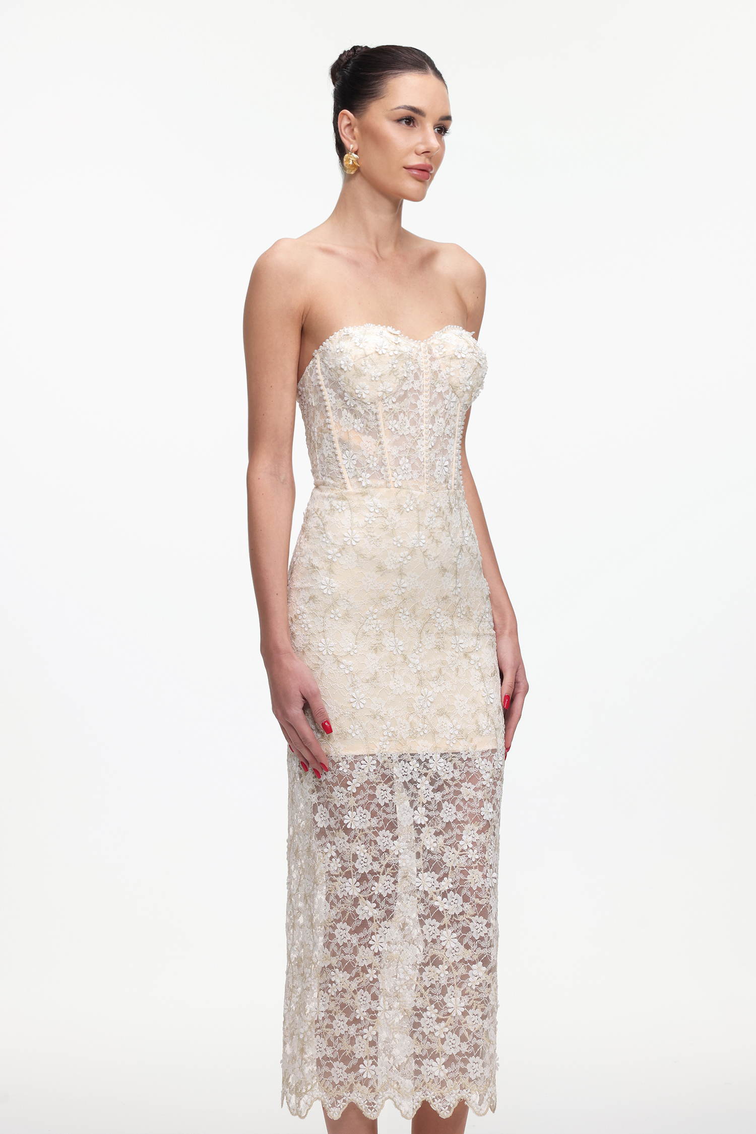 Ralaya Elegant Tailored Strapless Pearl Floral Lace Maxi Dress