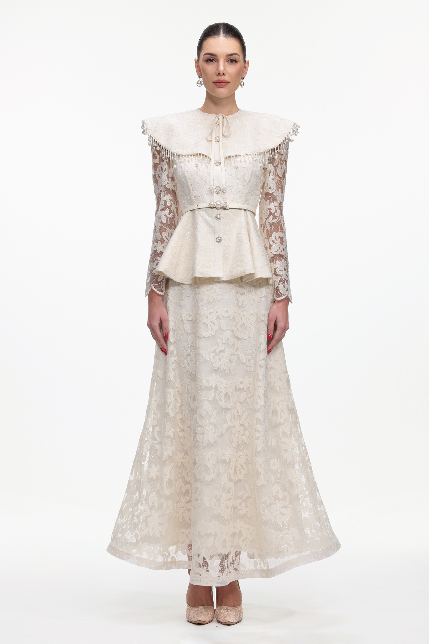 Marcia Romantic Tailored Long Sleeve Lace Top and Skirt Set