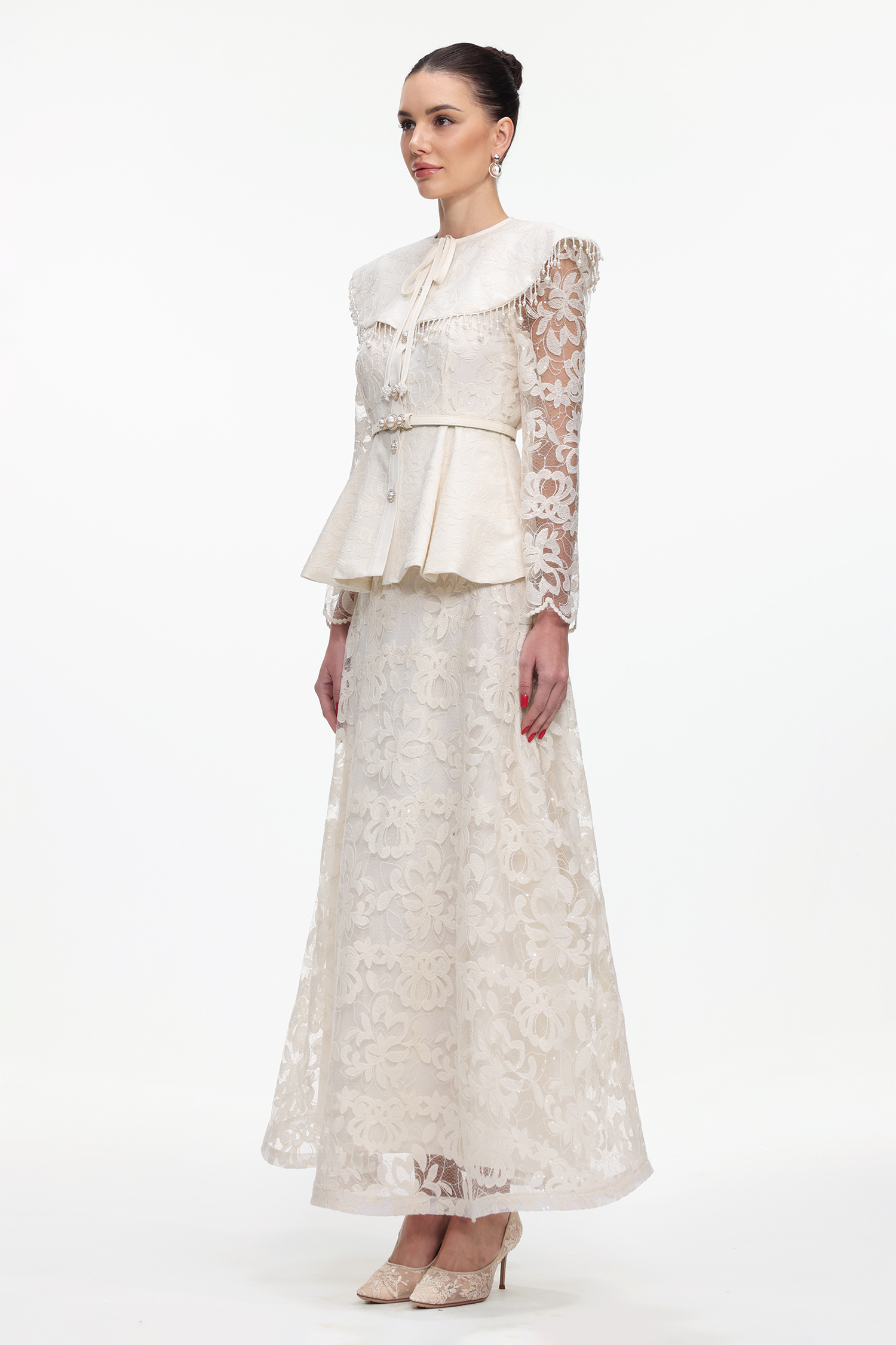 Marcia Romantic Tailored Long Sleeve Lace Top and Skirt Set