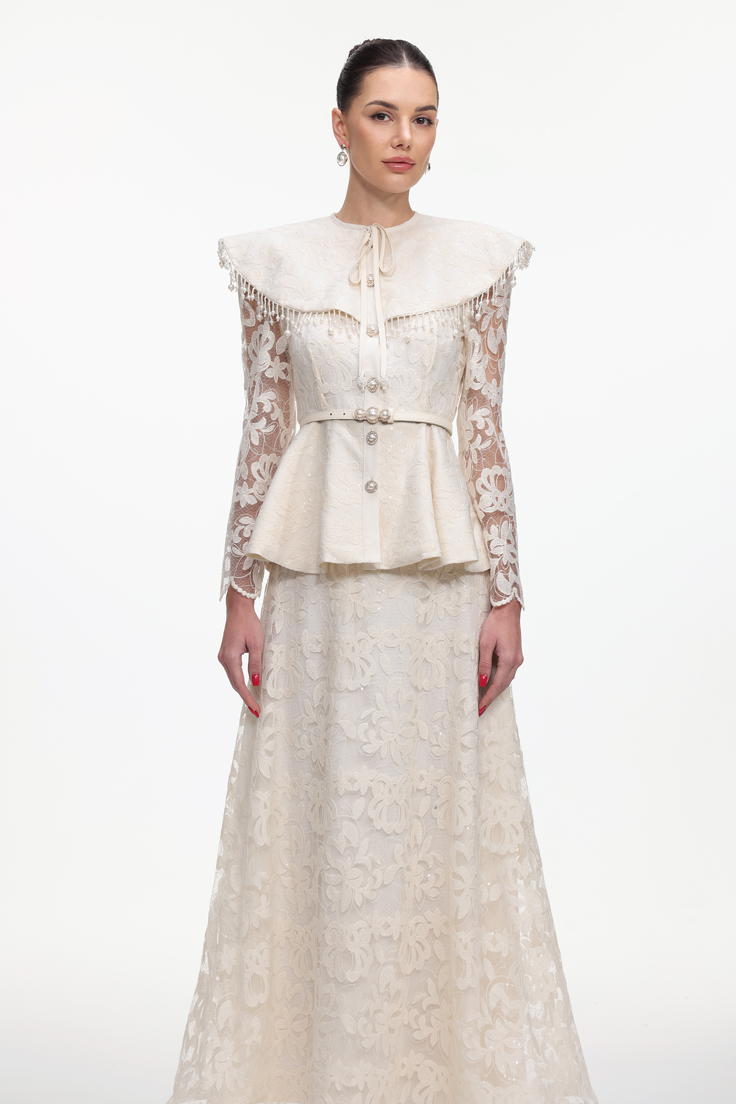 Marcia Romantic Tailored Long Sleeve Lace Top and Skirt Set