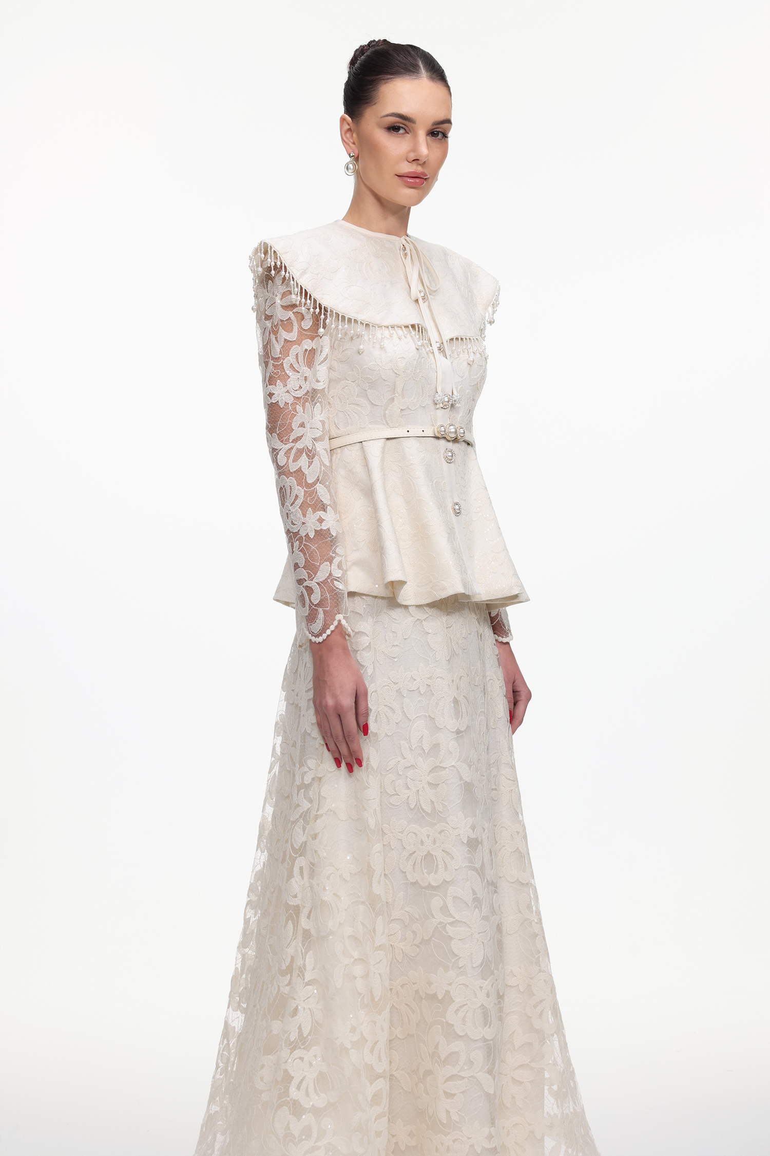 Marcia Romantic Tailored Long Sleeve Lace Top and Skirt Set