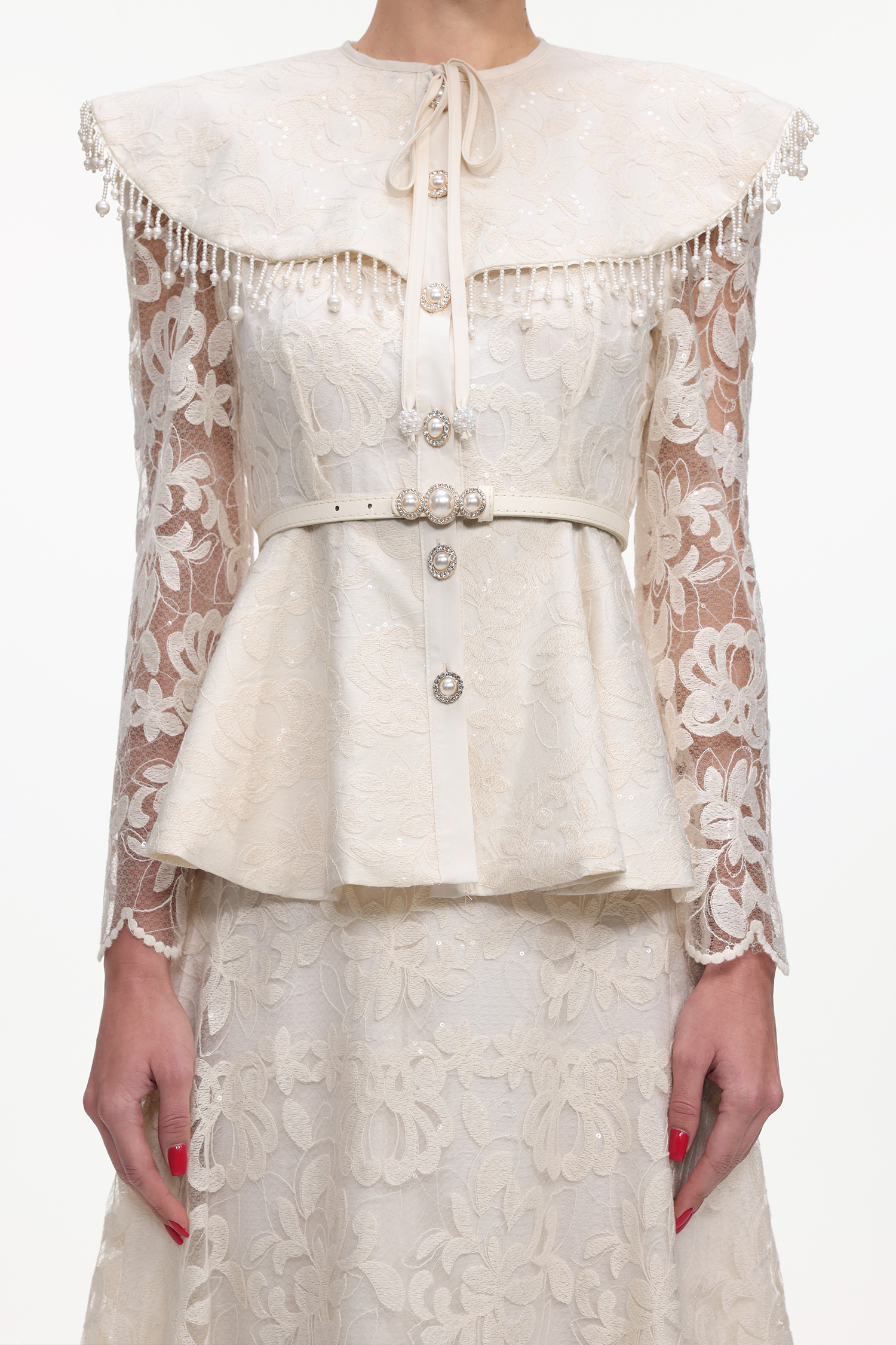 Marcia Romantic Tailored Long Sleeve Lace Top and Skirt Set