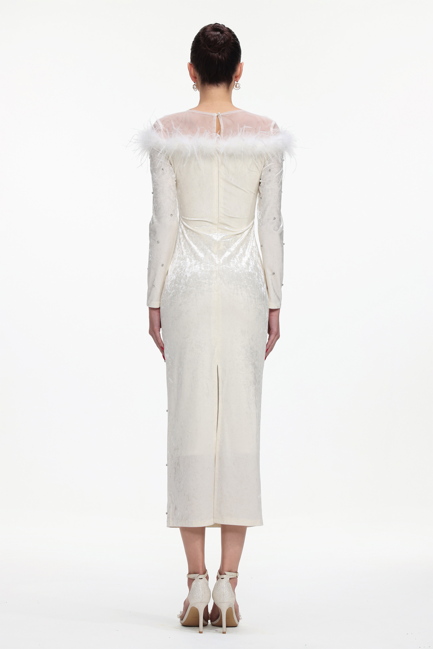 Yamaly Glamorous Contour Long Sleeve Crystal Feather Velvet Maxi Dress