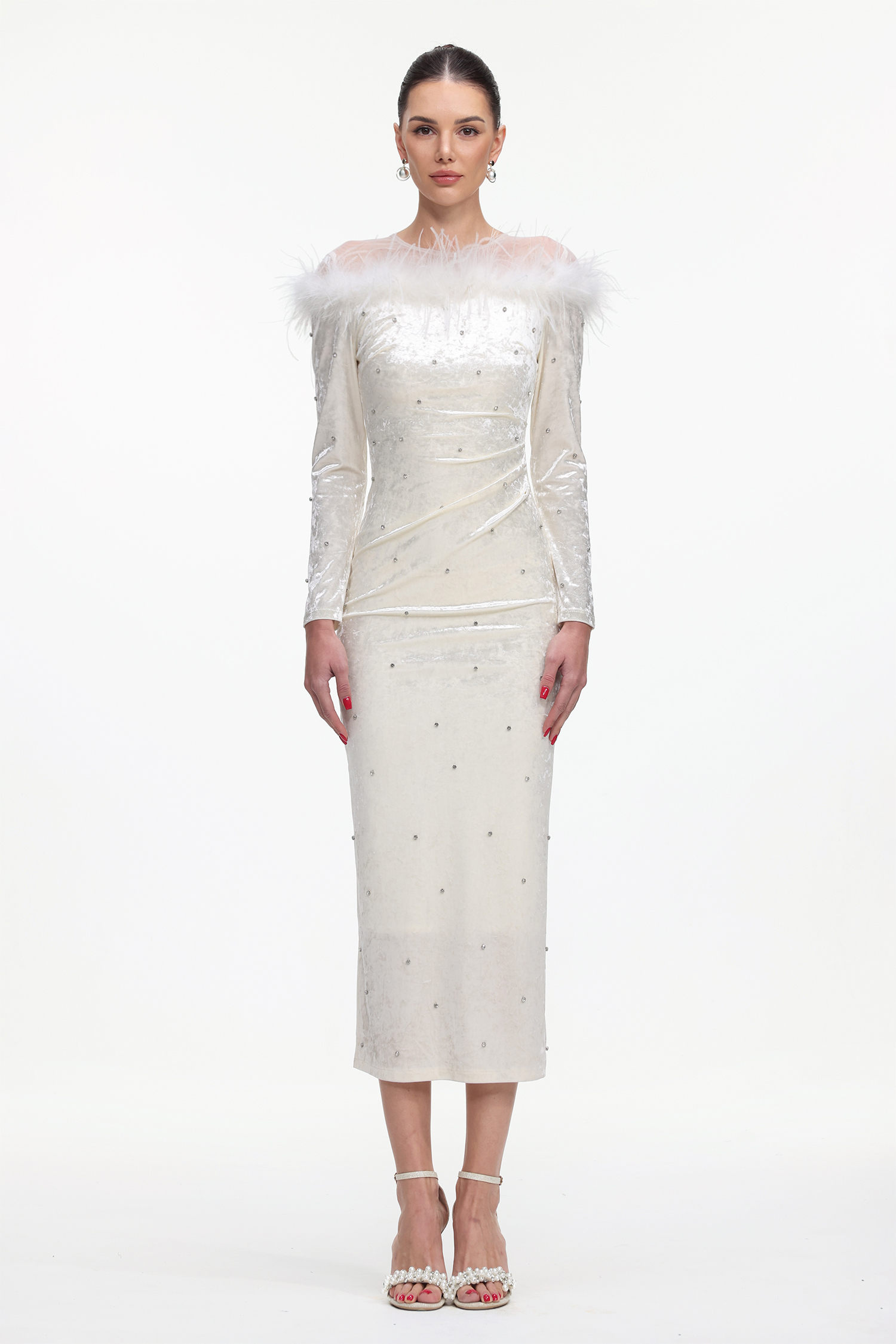 Yamaly Glamorous Contour Long Sleeve Crystal Feather Velvet Maxi Dress