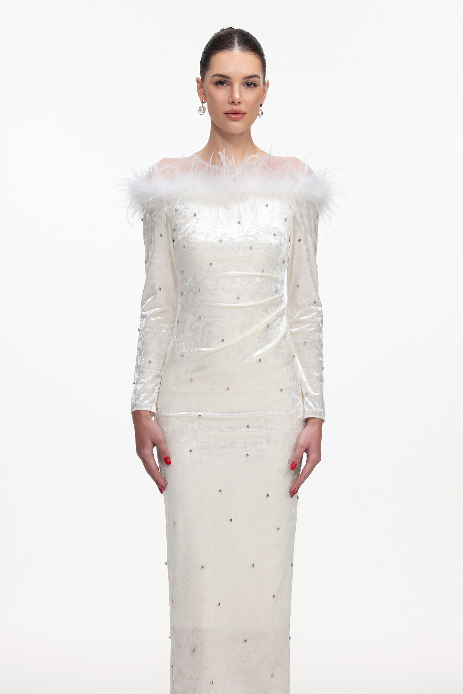 Yamaly Glamorous Contour Long Sleeve Crystal Feather Velvet Maxi Dress