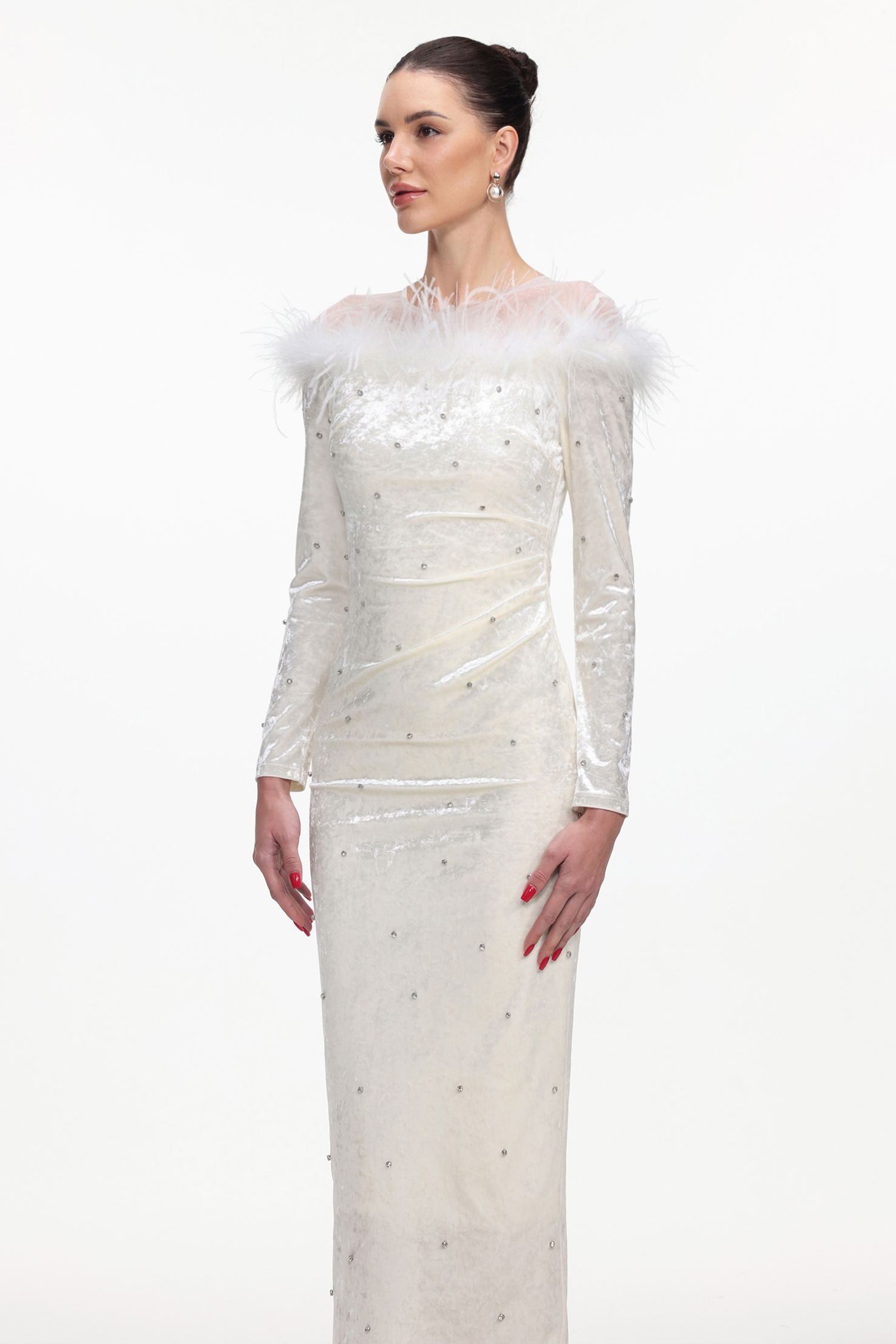 Yamaly Glamorous Contour Long Sleeve Crystal Feather Velvet Maxi Dress