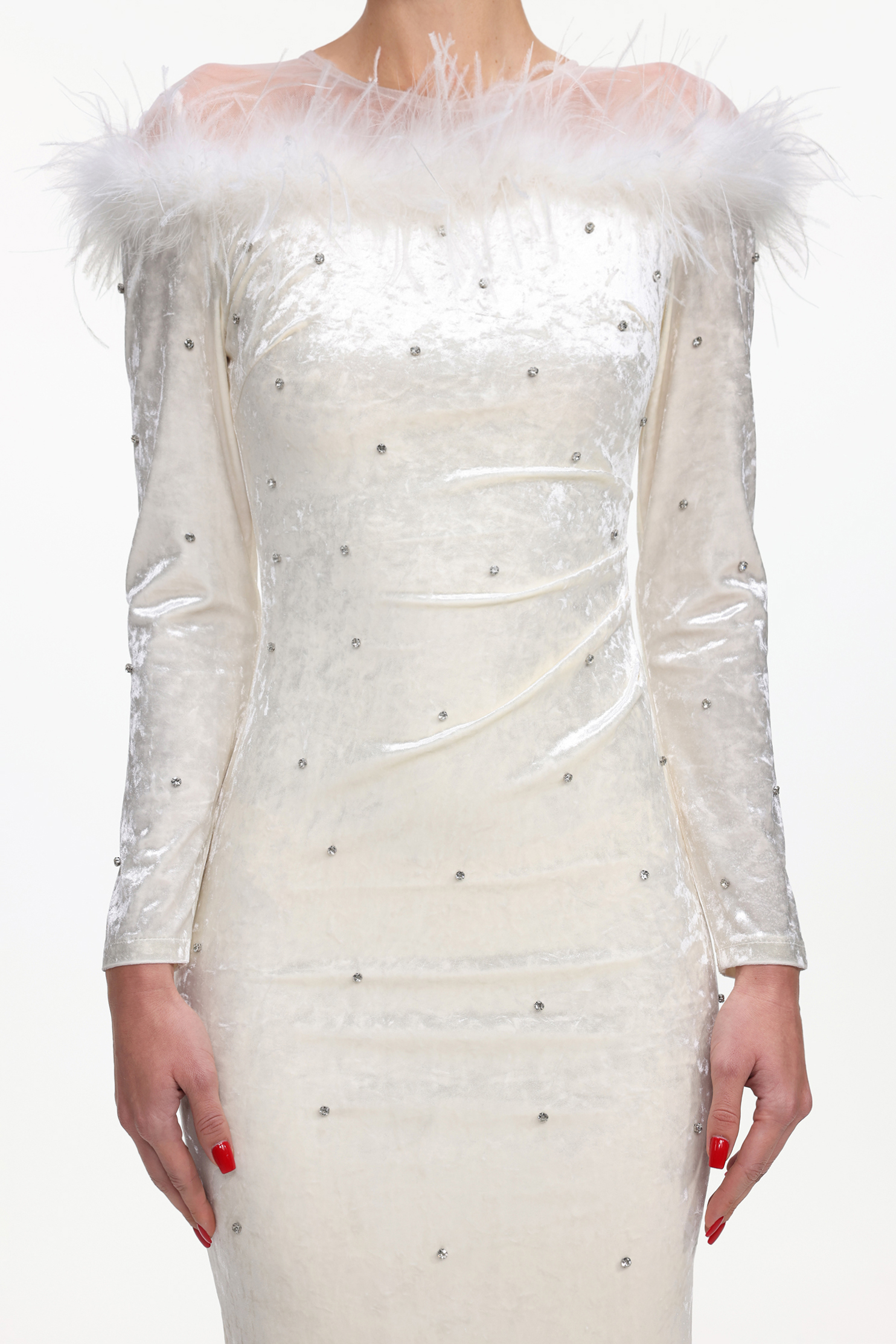 Yamaly Glamorous Contour Long Sleeve Crystal Feather Velvet Maxi Dress