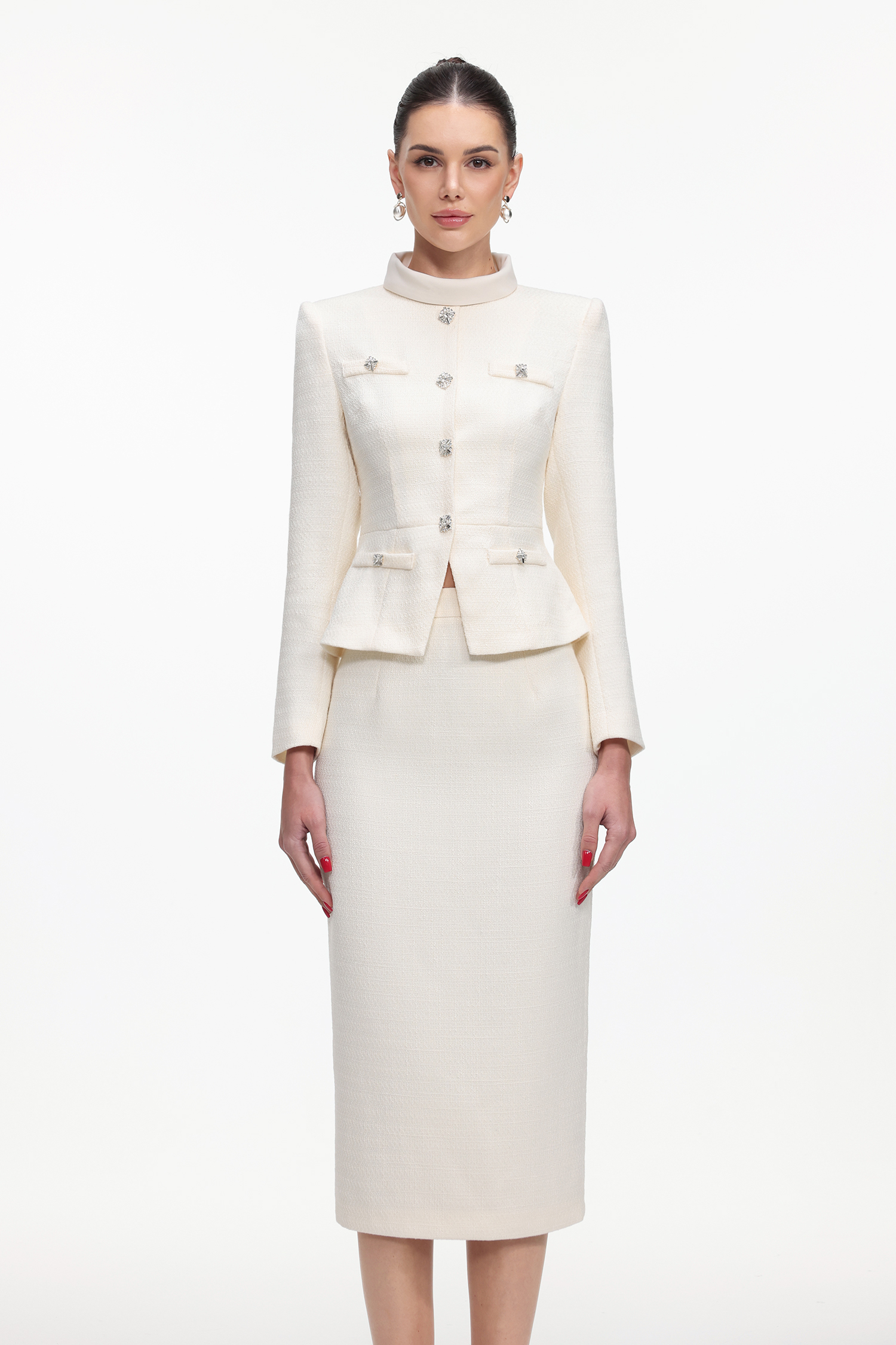 Qerly Elegant Tailored Long Sleeve Tweed Jacket and Skirt Set