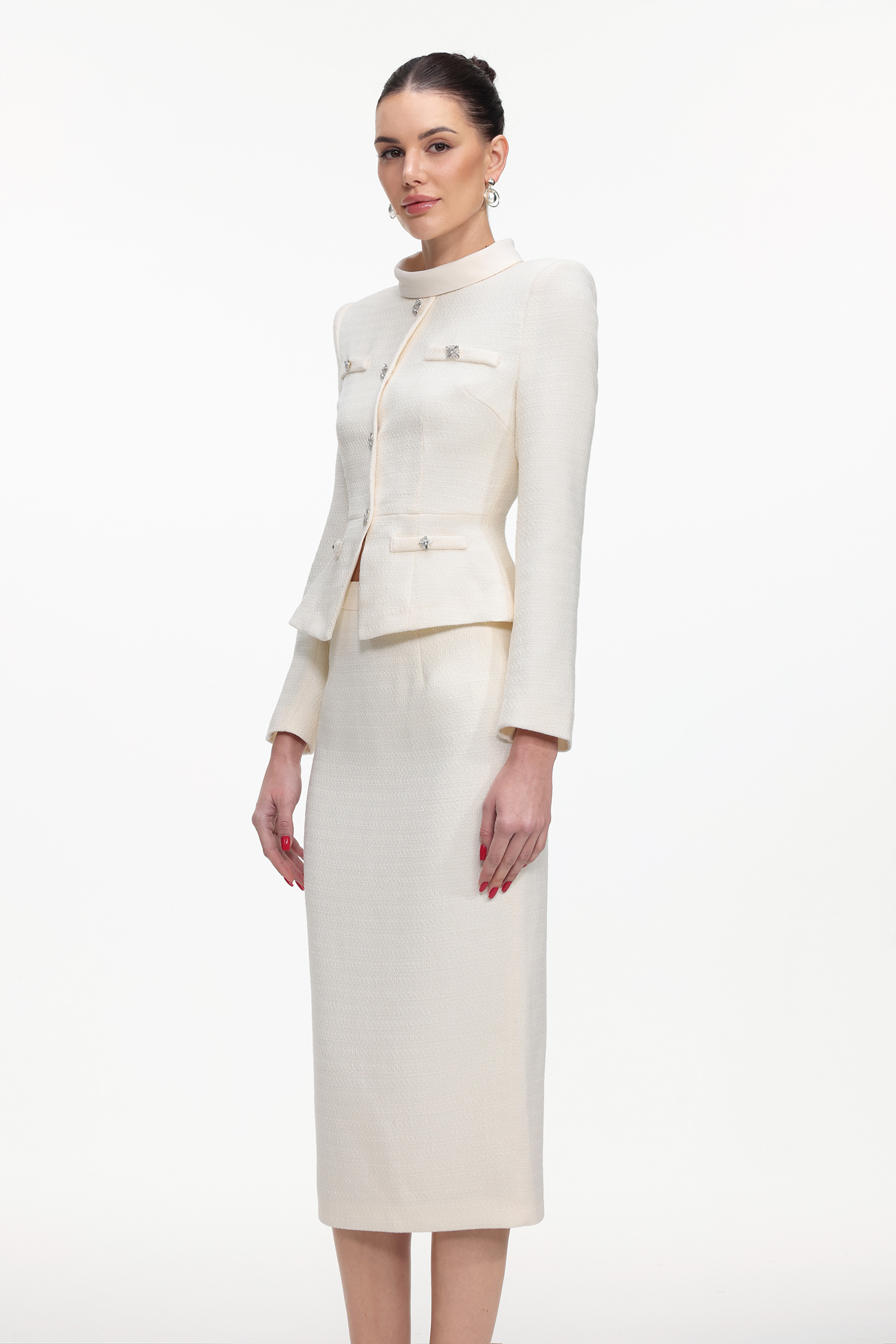 Qerly Elegant Tailored Long Sleeve Tweed Jacket and Skirt Set