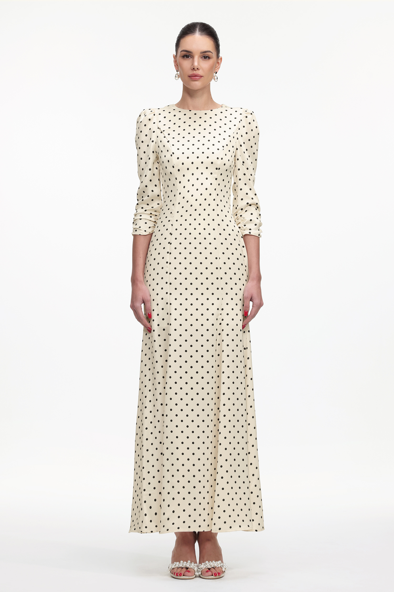 Vanina Romantic Tailored Long Sleeve Polka Dot Maxi Dress