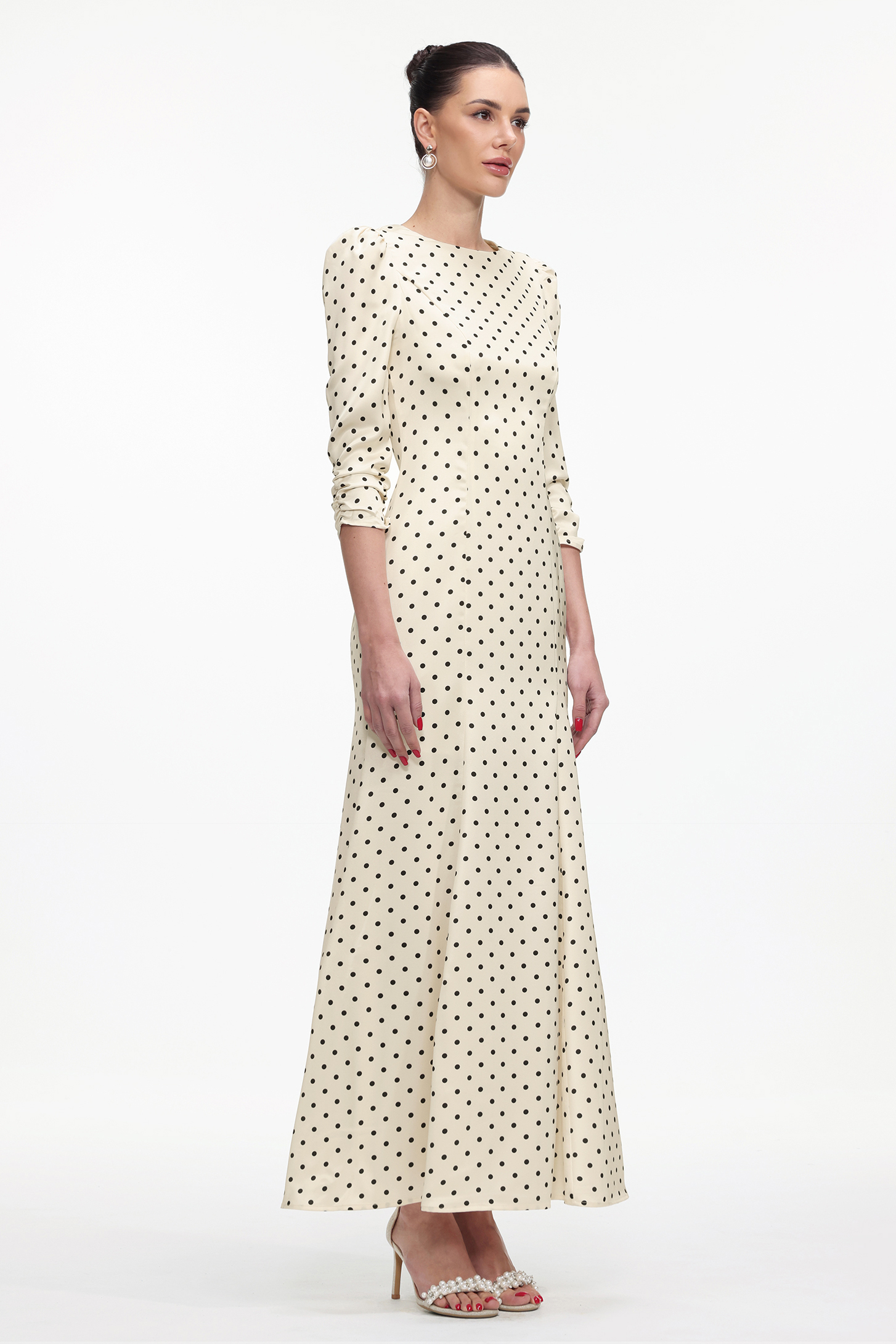 Vanina Romantic Tailored Long Sleeve Polka Dot Maxi Dress