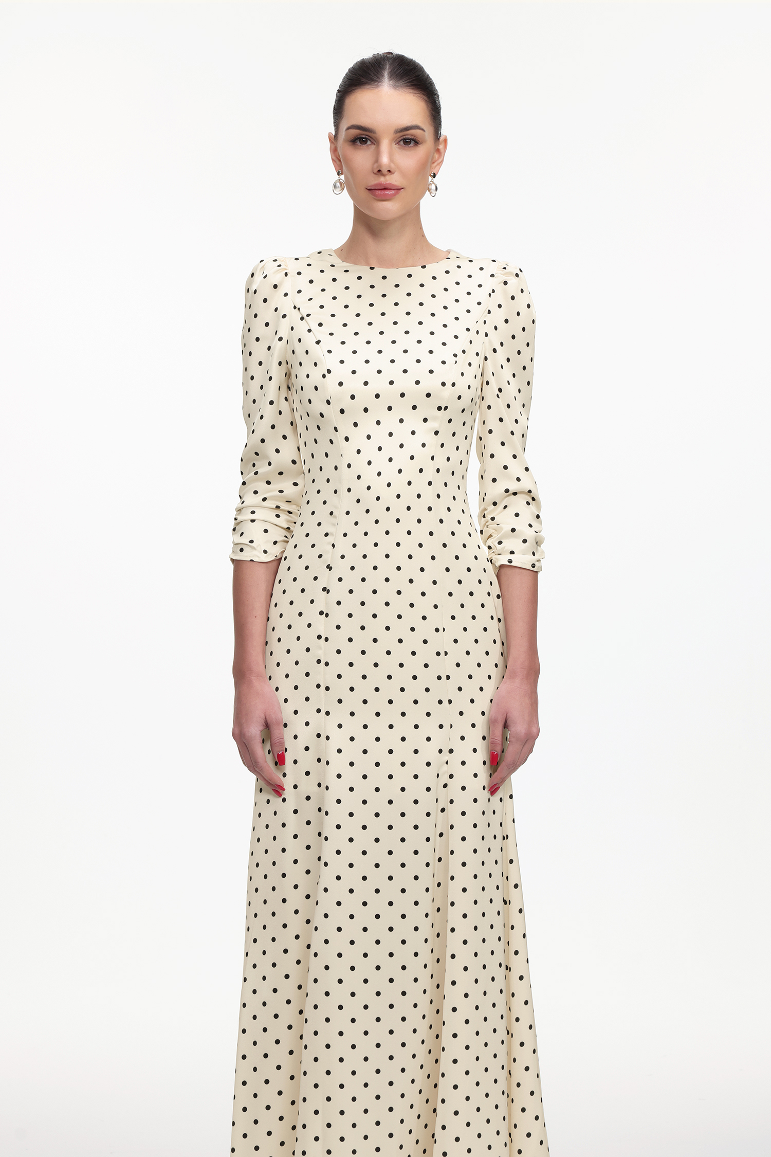 Vanina Romantic Tailored Long Sleeve Polka Dot Maxi Dress
