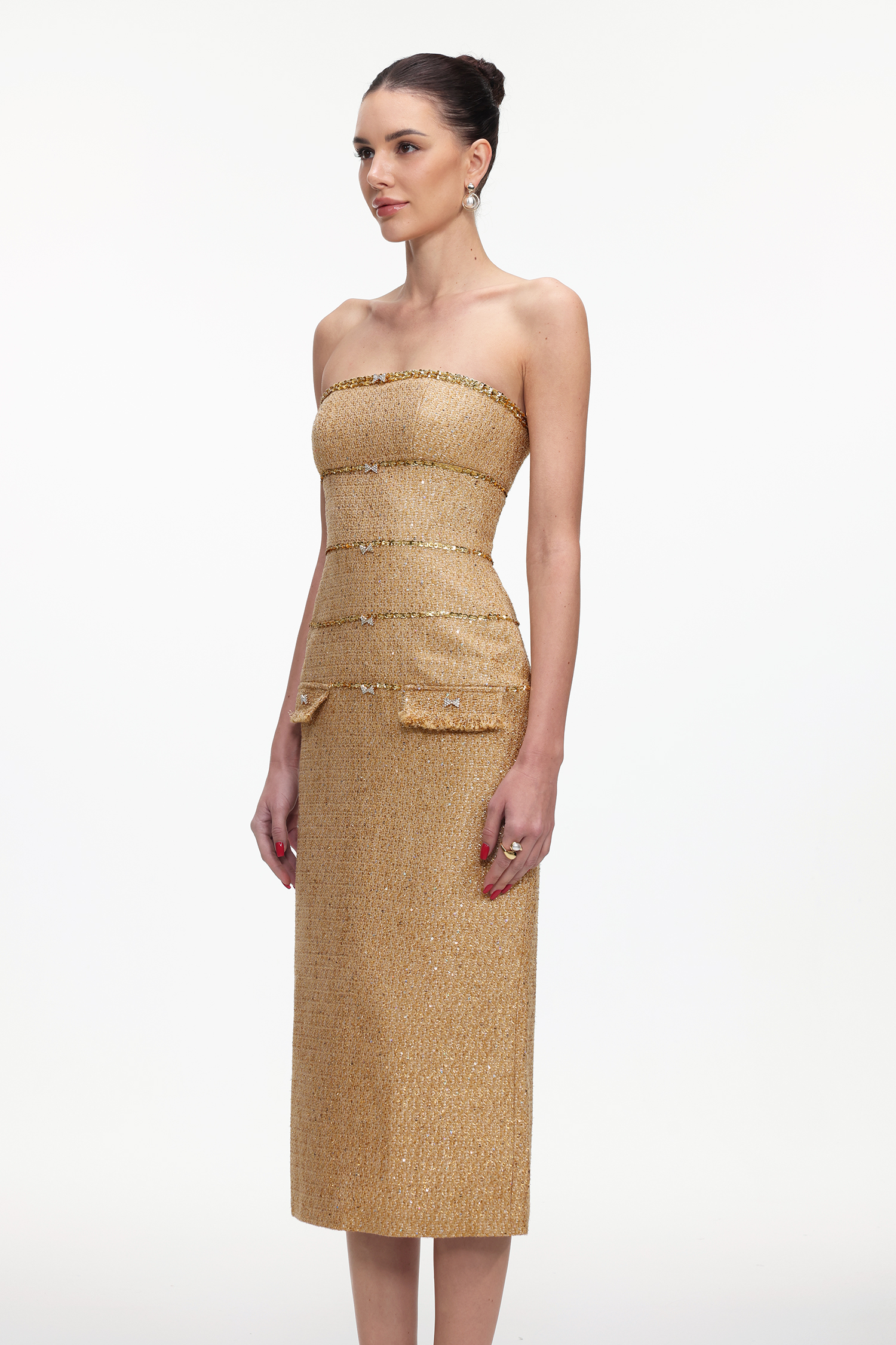 Tenley Elegant Tailored Strapless Tweed Maxi Dress