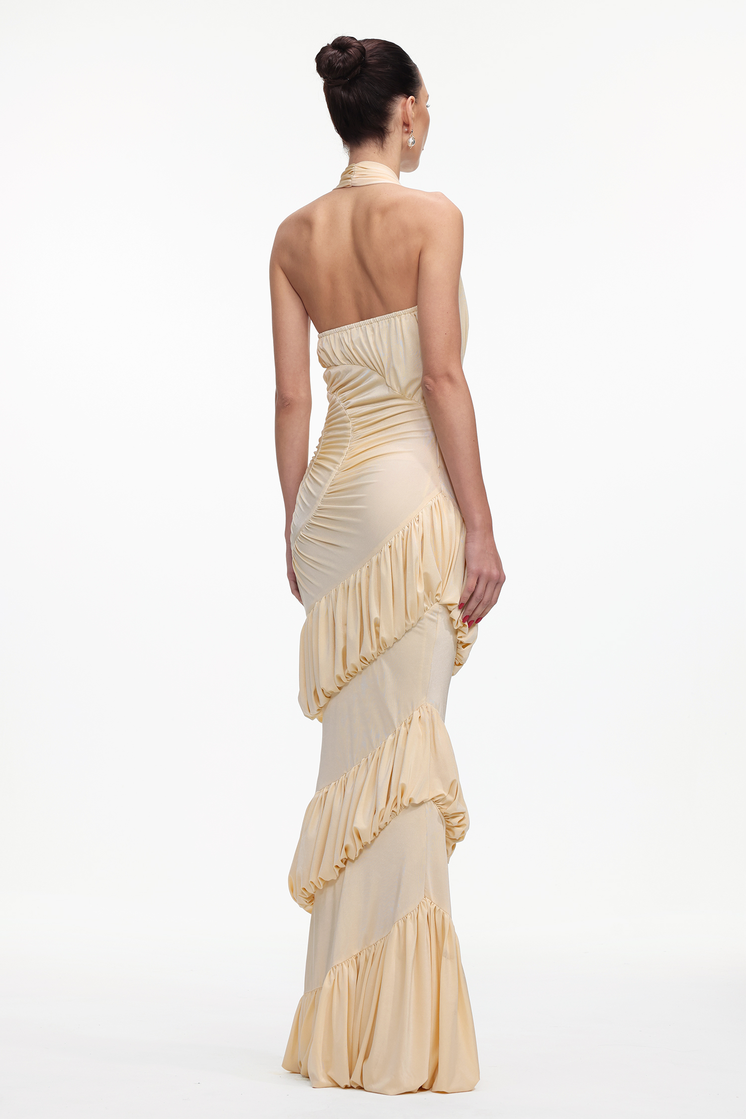 Joclyn Romantic Contour Halter Ruched Knit Maxi Dress