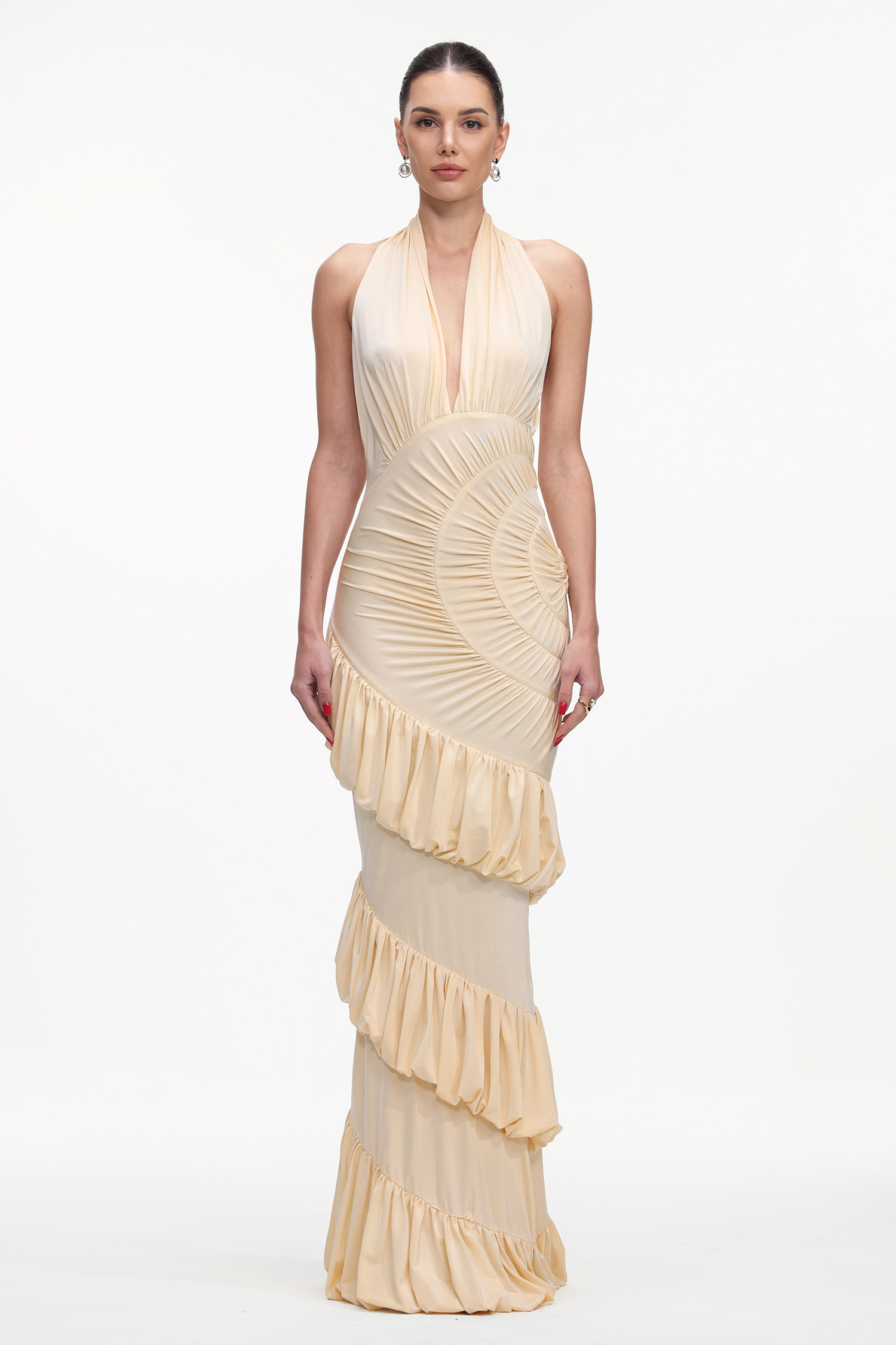 Joclyn Romantic Contour Halter Ruched Knit Maxi Dress